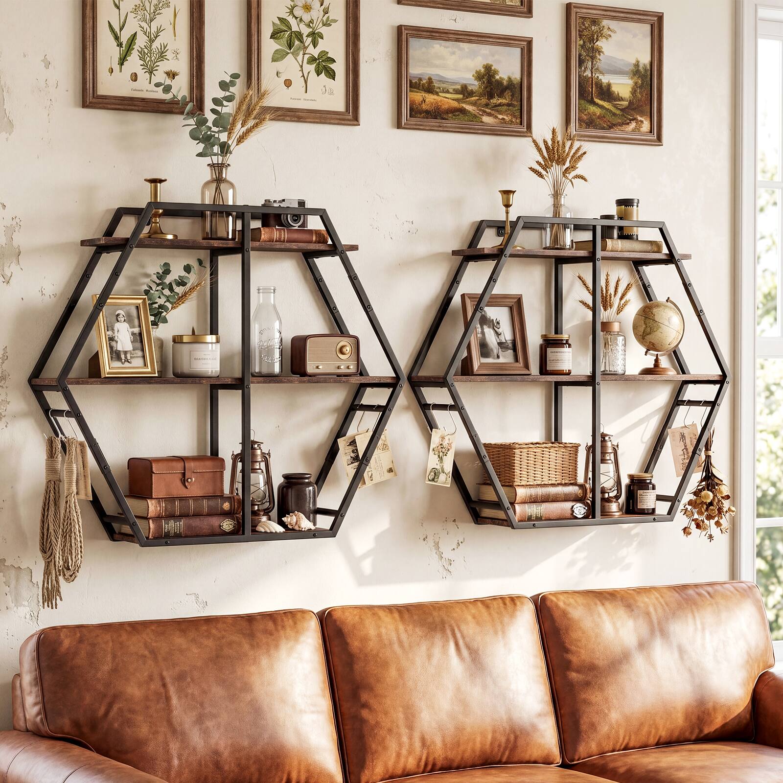 Alt View 1. Gymax - Gymax Hexagon Shelf for Wall 3-Tier Geometric Bookcase w/4 S-Shaped Hooks Metal Frame - Brown.