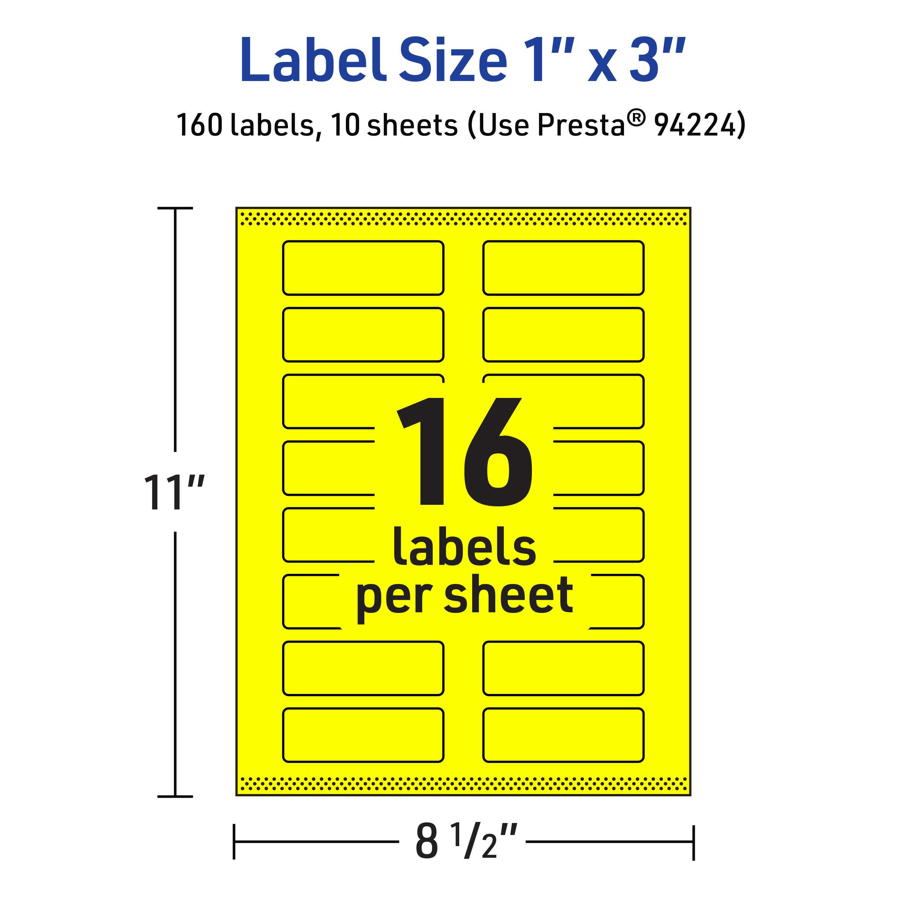 Label Size 1" x 3"  
160 labels, 10 sheets (Use Presta® 94224)  
16 labels per sheet  
11" x 8 1/2"