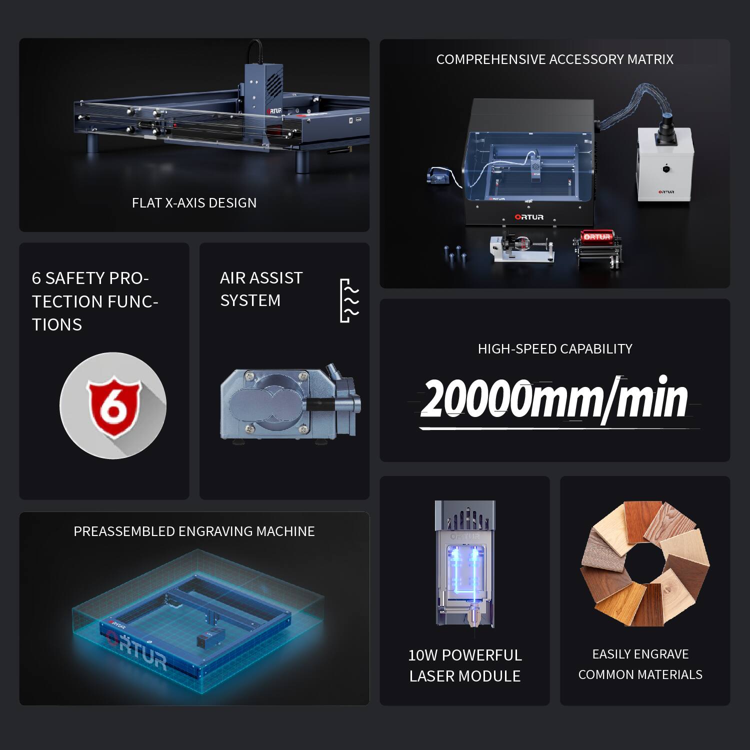 - FLAT X-AXIS DESIGN
- 6 SAFETY PROTECTION FUNCTIONS
- AIR ASSIST SYSTEM
- COMPREHENSIVE ACCESSORY MATRIX
- HIGH-SPEED CAPABILITY 20000mm/min
- PREASSEMBLED ENGRAVING MACHINE
- 10W POWERFUL LASER MODULE
- EASILY ENGRAVE COMMON MATERIALS