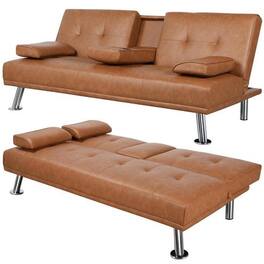 Hivvago - Brown Modern Faux Leather Cup Holders Convertible Sofa Bed Futon Sleeper - Orange