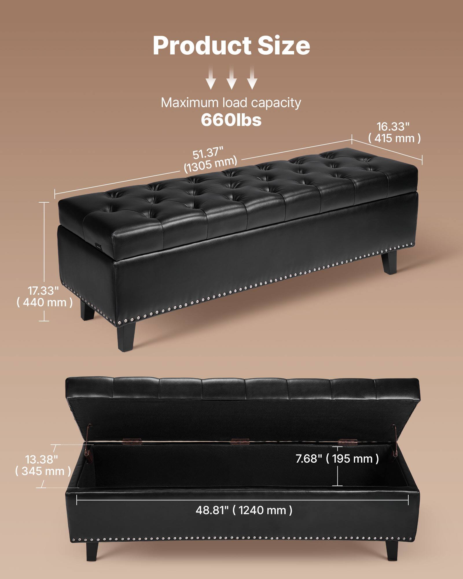 Product Size

Maximum load capacity: 660lbs

- Length: 51.37" (1305 mm)
- Width: 16.33" (415 mm)
- Height: 17.33" (440 mm)
- Depth: 48.81" (1240 mm)
- Seat Height: 13.38" (345 mm)
- Seat Depth: 7.68" (195 mm)
