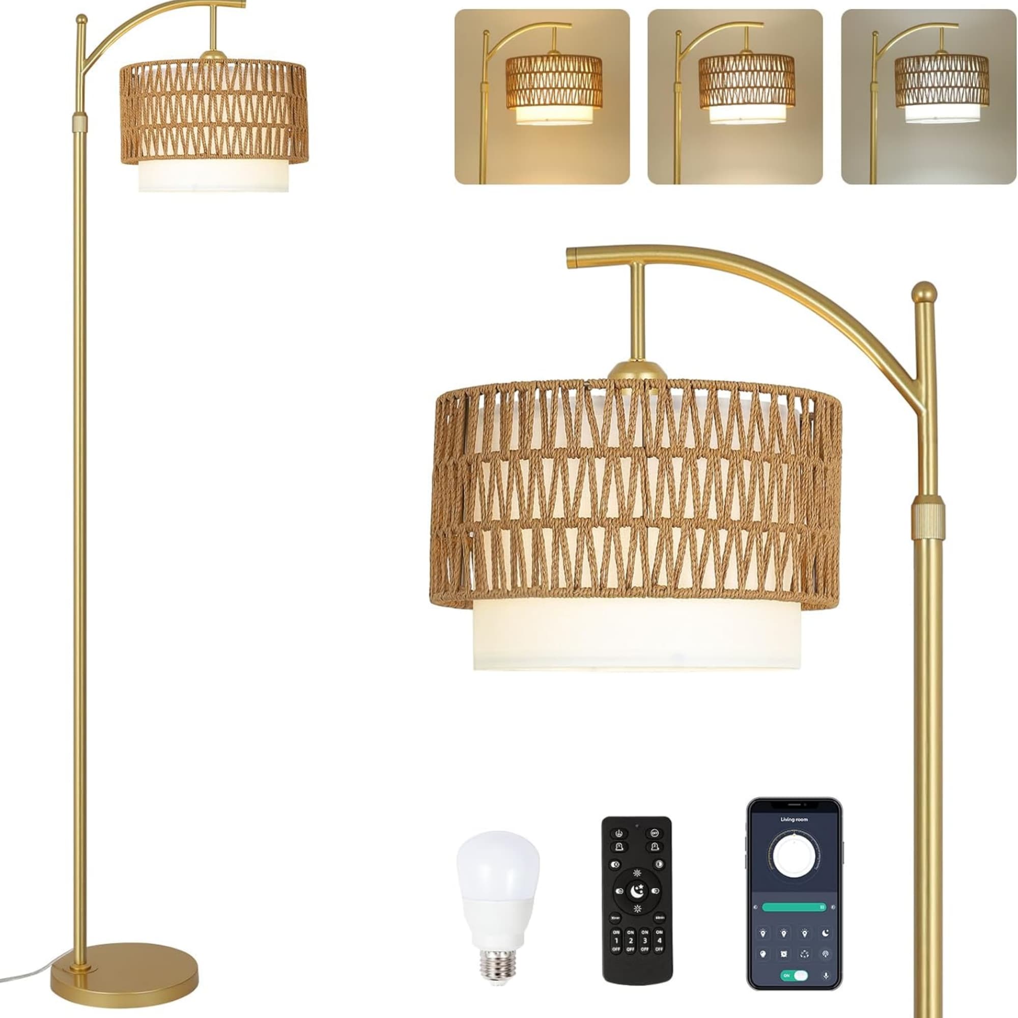 Front. Luckbyte - Gold Arc Floor Lamp Remote Dimmable 3 Color Temp Rattan Shade Boho Lamp for Bedroom.