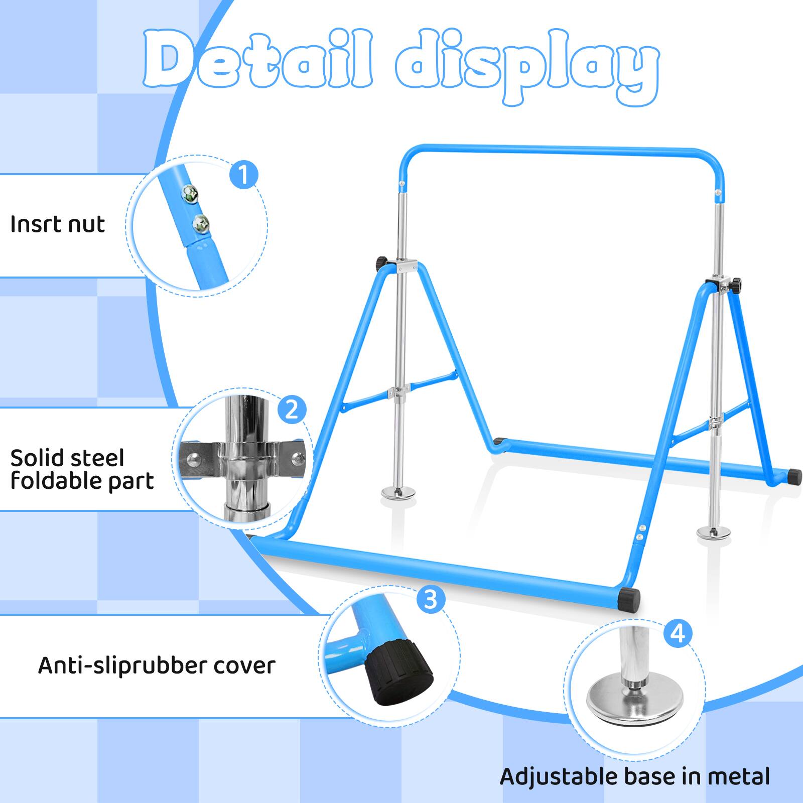 Detail display  
1. Insert nut  
2. Solid steel foldable part  
3. Anti-slip rubber cover  
4. Adjustable base in metal