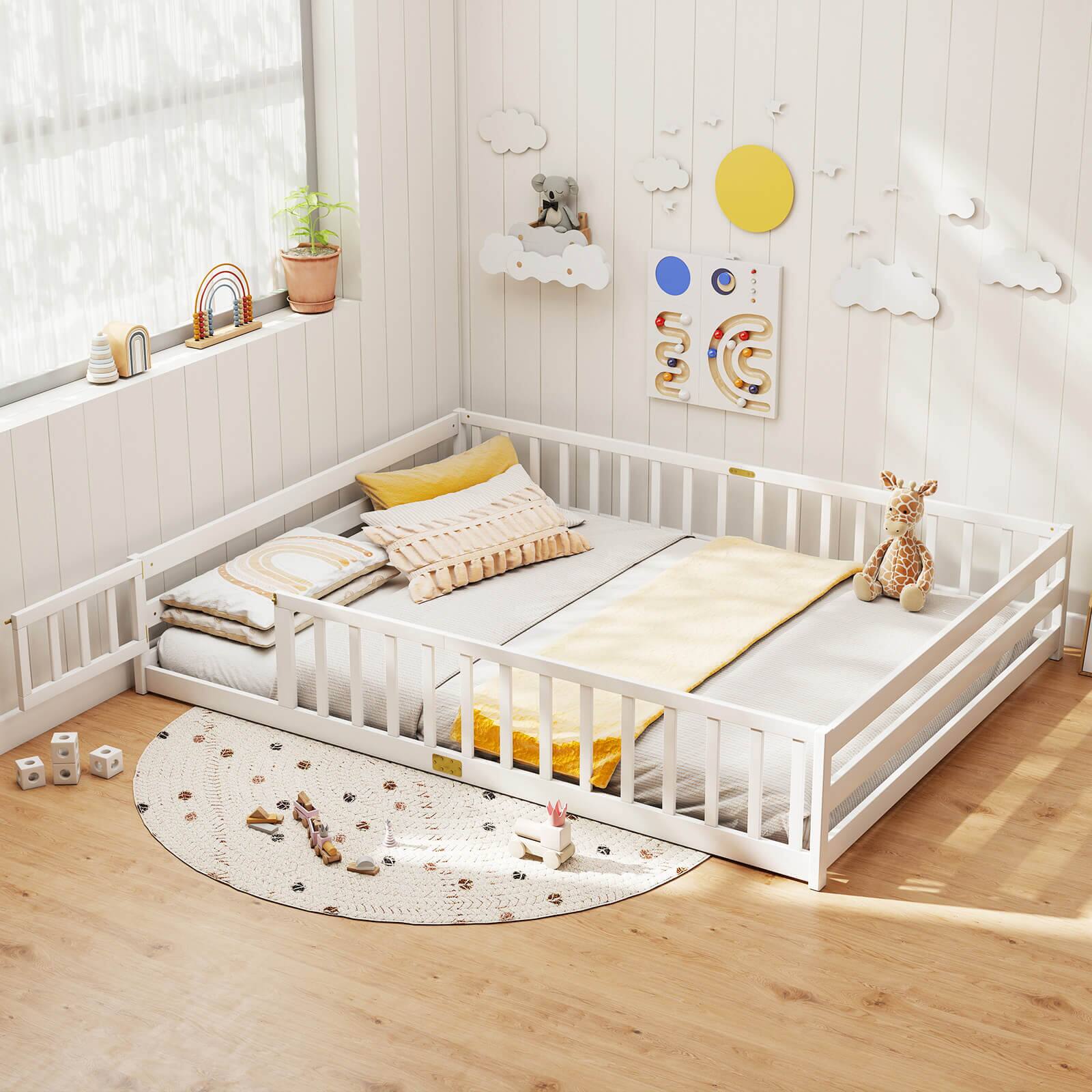 Alt View 1. Costway - Costway Queen Size Floor Bed with Full Length Safety Guardrails & Door for Boys, Girls - White.