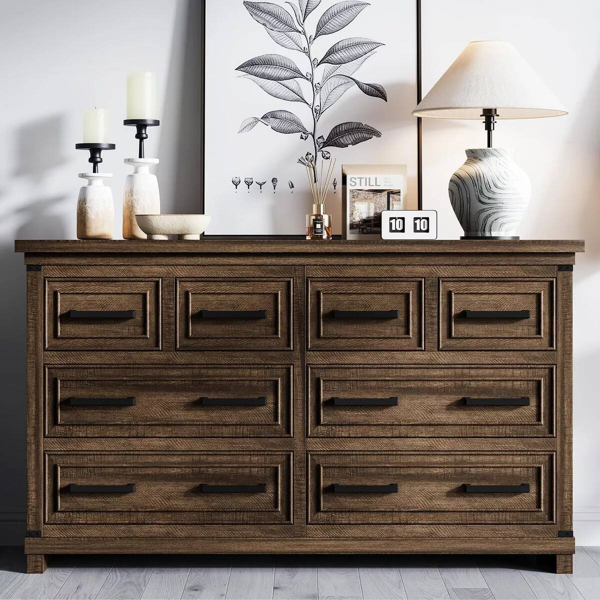 Jojoka - Farmhouse 8 Drawer Dresser for Bedroom, Rustic Wood Chest of Drawers - Brown