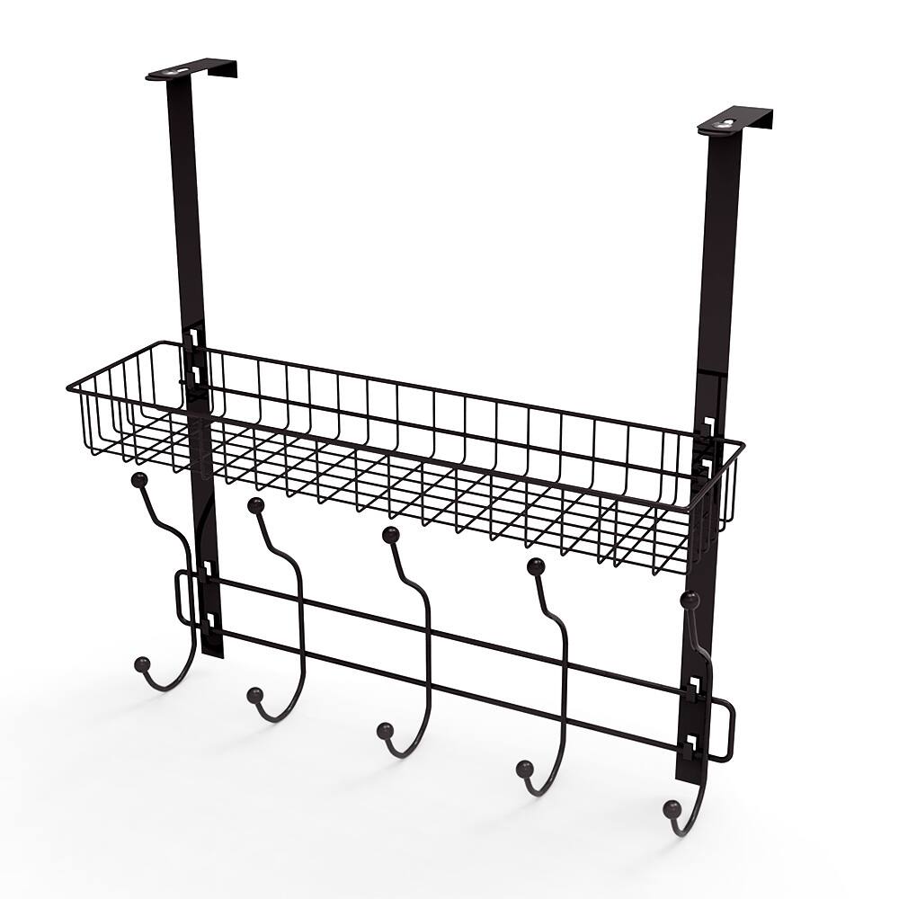 Angle. Oumilen - Over The Door Hook Organizer, Metal Over Door Hanger with Storage Basket & 5 Dual-Hooks 19.7 x 18.9 in Black - Black.
