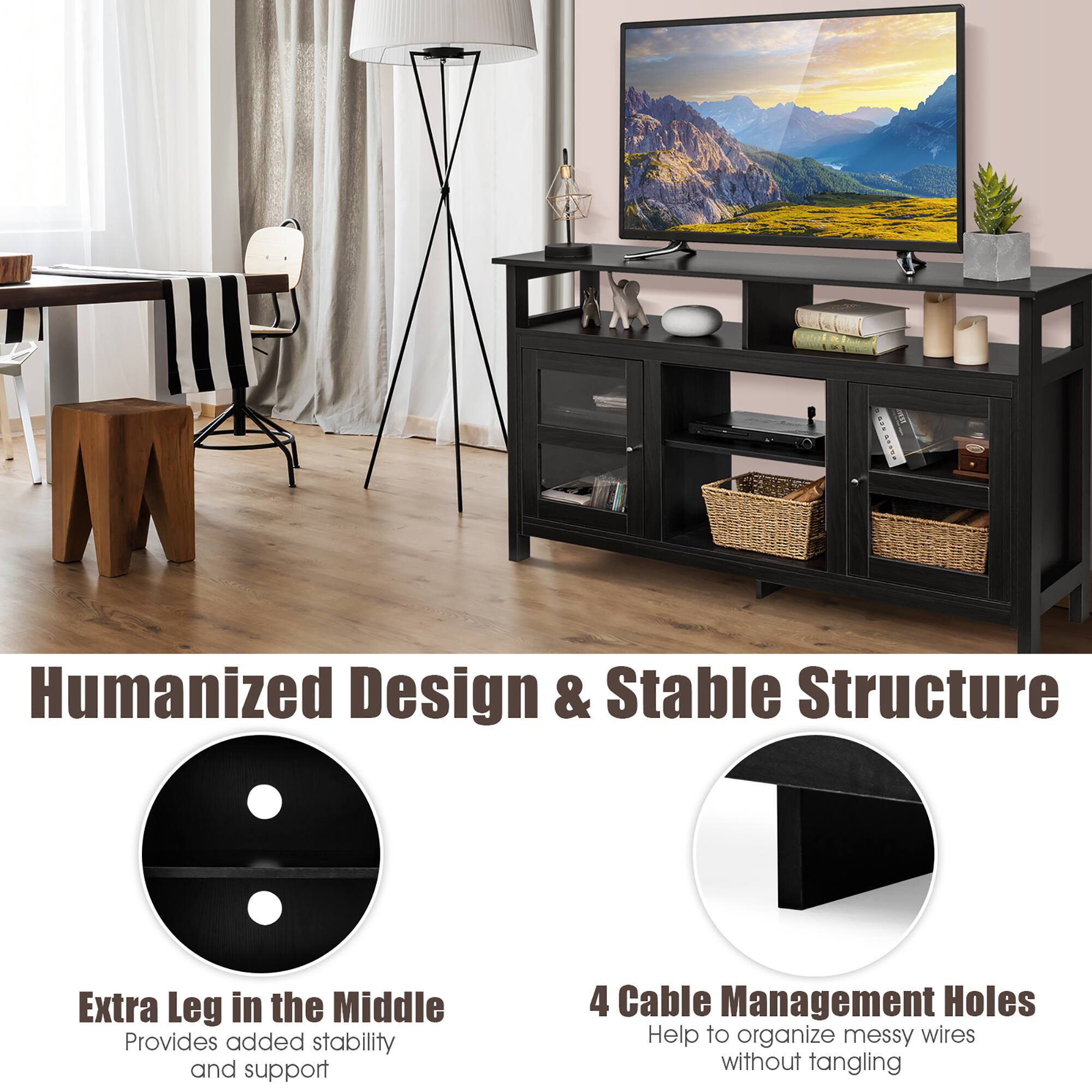 Humanized Design & Stable Structure

Extra Leg in the Middle  
Provides added stability and support

4 Cable Management Holes  
Help to organize messy wires without tangling