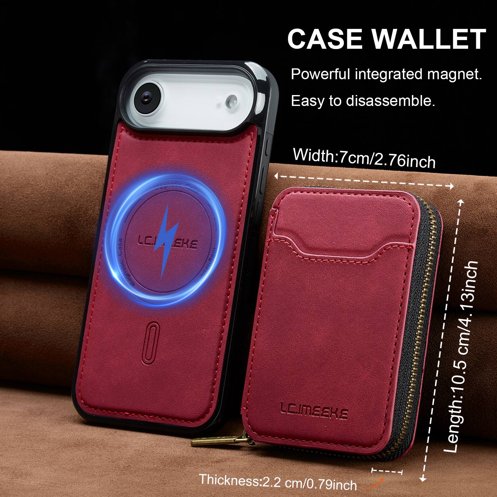 CASE WALLET  
Powerful integrated magnet.  
Easy to disassemble.  

Width: 7cm/2.76inch  
Length: 10.5cm/4.13inch  
Thickness: 2.2cm/0.79inch