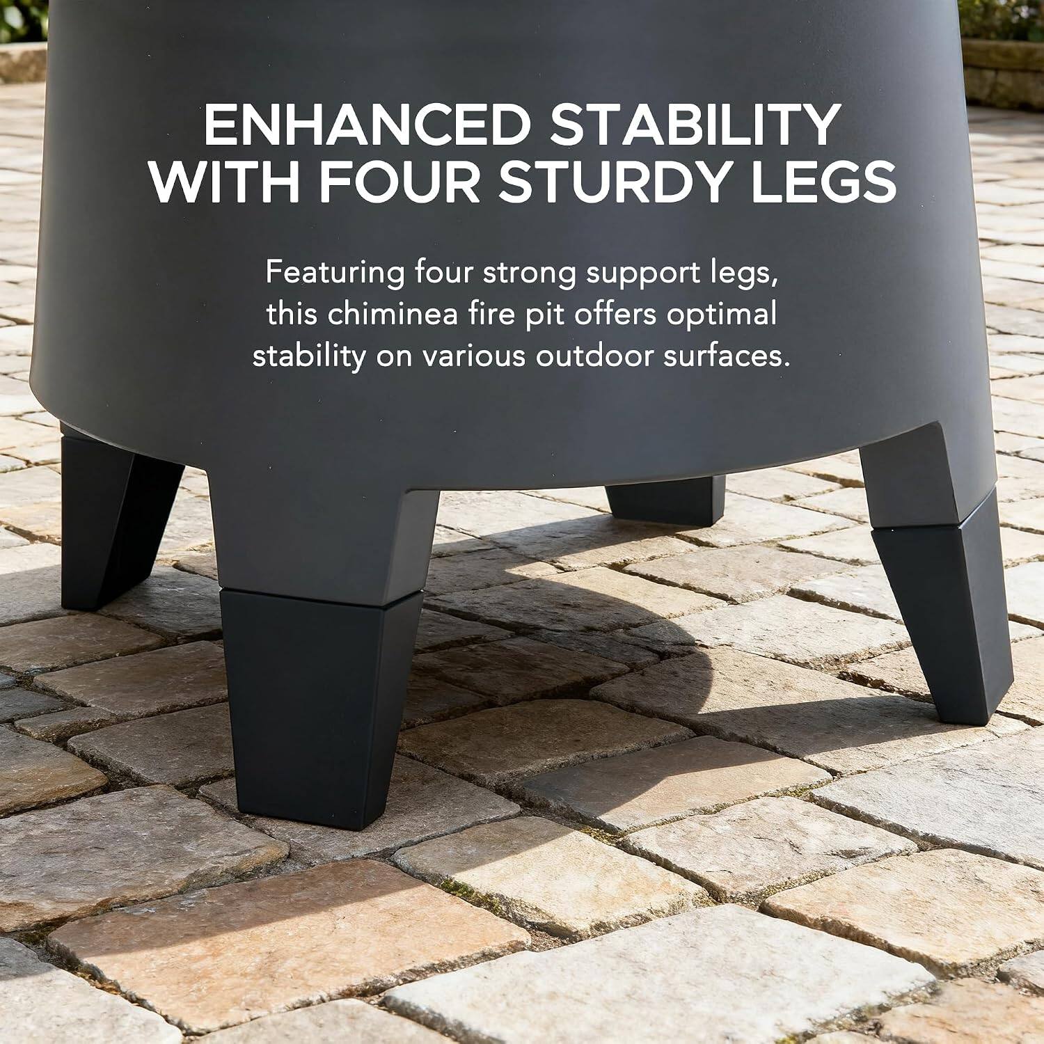 ENHANCED STABILITY WITH FOUR STURDY LEGS

Featuring four strong support legs, this chiminea fire pit offers optimal stability on various outdoor surfaces.