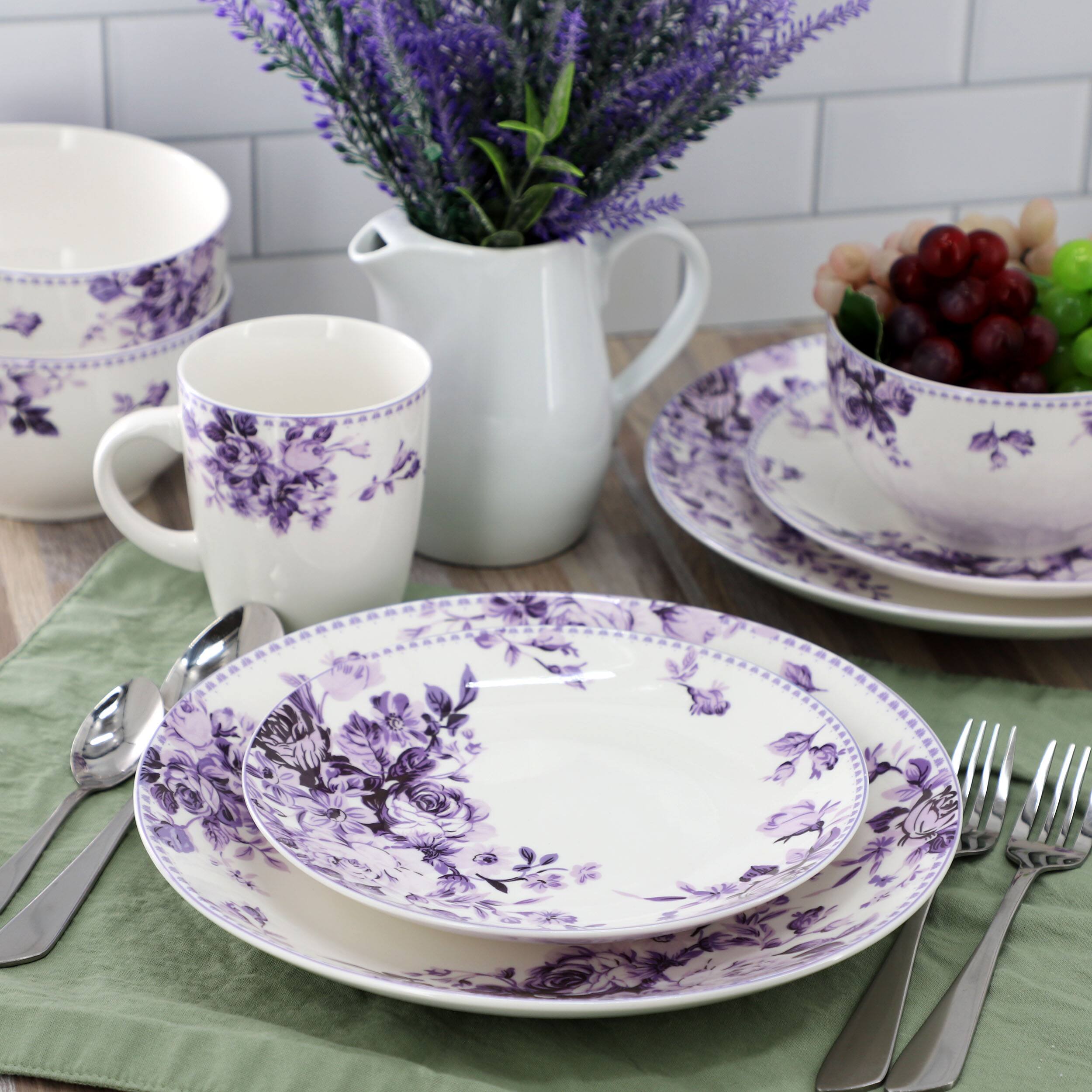 Alt View 7. Elama - Elama Traditional Purple Rose 16 Piece Stoneware Dinnerware Set - White and Purple.