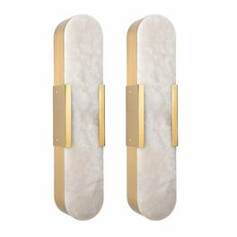 RYHNUYNE - 19.7-Inch Natural Marble Wall Sconce Set of Two, Gold Finish, Dimmable LED Vanity Lights for Bathroom, Bedroom, Hallway