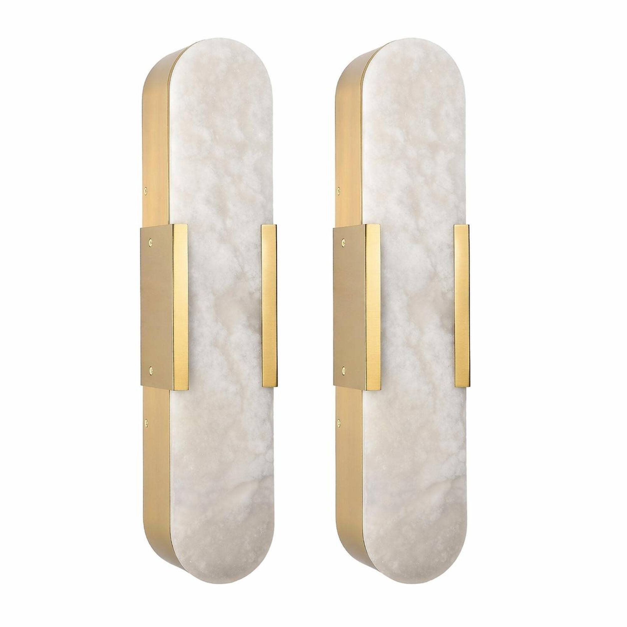 Front. RYHNUYNE - 19.7-Inch Natural Marble Wall Sconce Set of Two, Gold Finish, Dimmable LED Vanity Lights for Bathroom, Bedroom, Hallway.