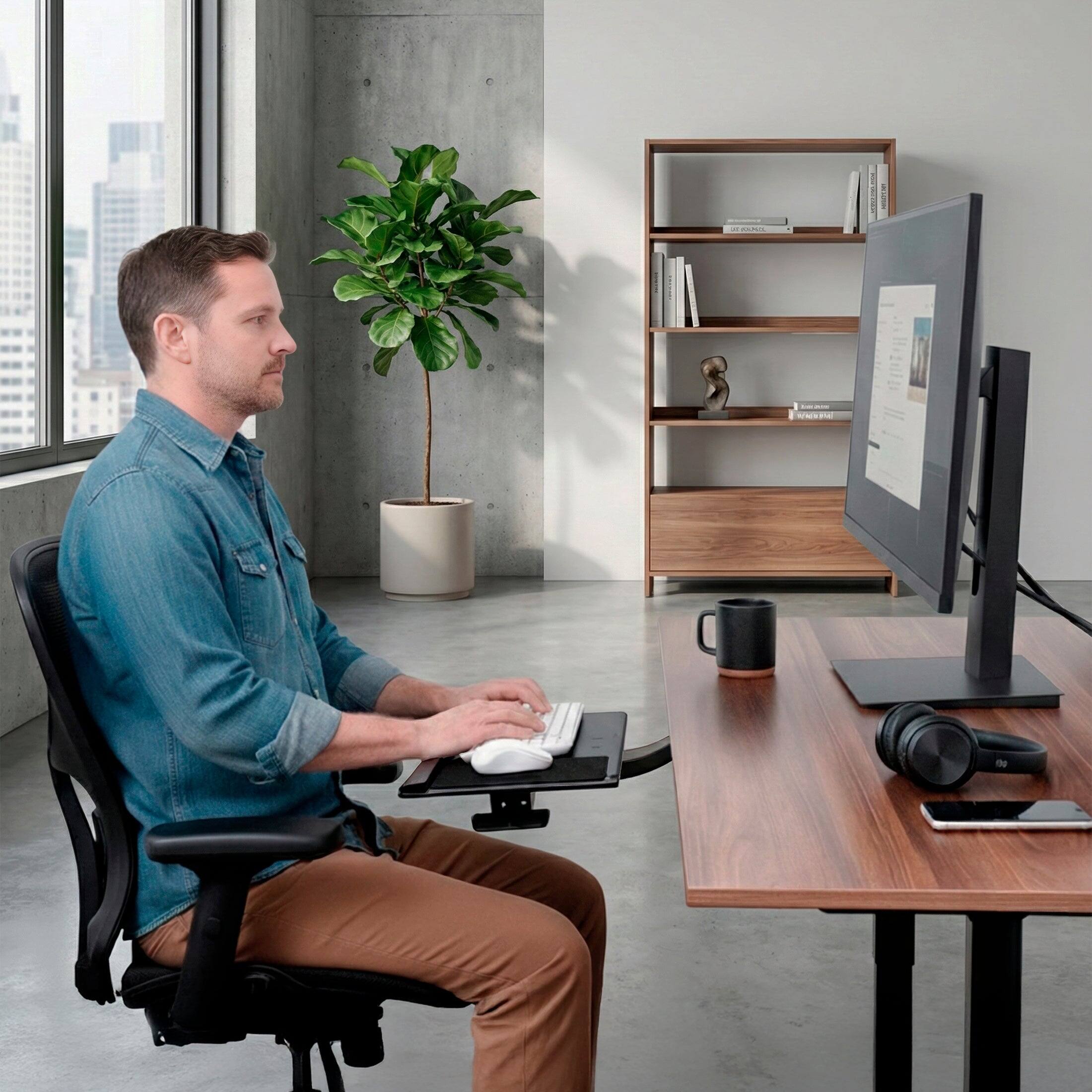 Left. Mount-It! - Adjustable Under Desk Keyboard and Mouse Drawer Platform with Ergonomic Wrist Rest, Black - Black.