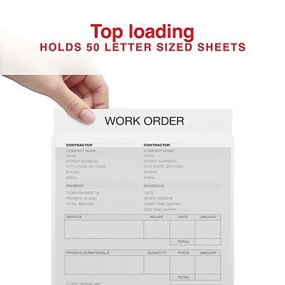 Top loading  
HOLDS 50 LETTER SIZED SHEETS

WORK ORDER

CONTRACTOR  
COMPANY NAME  
ATTN  
STREET ADDRESS  
CITY STATE ZIP CODE  
PHONE  
EMAIL

CONTRACTOR  
COMPANY NAME  
ATTN  
STREET ADDRESS  
CITY STATE ZIP CODE  
PHONE  
EMAIL

PAYMENT  
DOWN PAYMENT  
PAYMENT IS DUE  
TOTAL AMOUNT

SCHEDULE  
DATE  
ORDER START TIME (AM/PM)  
END TIME (AM/PM)  
HOURS  
RATE  
AMOUNT

SERVICE  
DATE  
ORDER START TIME (AM/PM)  
END TIME (AM/PM)  
HOURS  
RATE  
AMOUNT

PRODUCTS/MATERIALS  
QUANTITY  
PRICE  
AMOUNT  
TOTAL

CLIENT SIGNATURE  
TOTAL