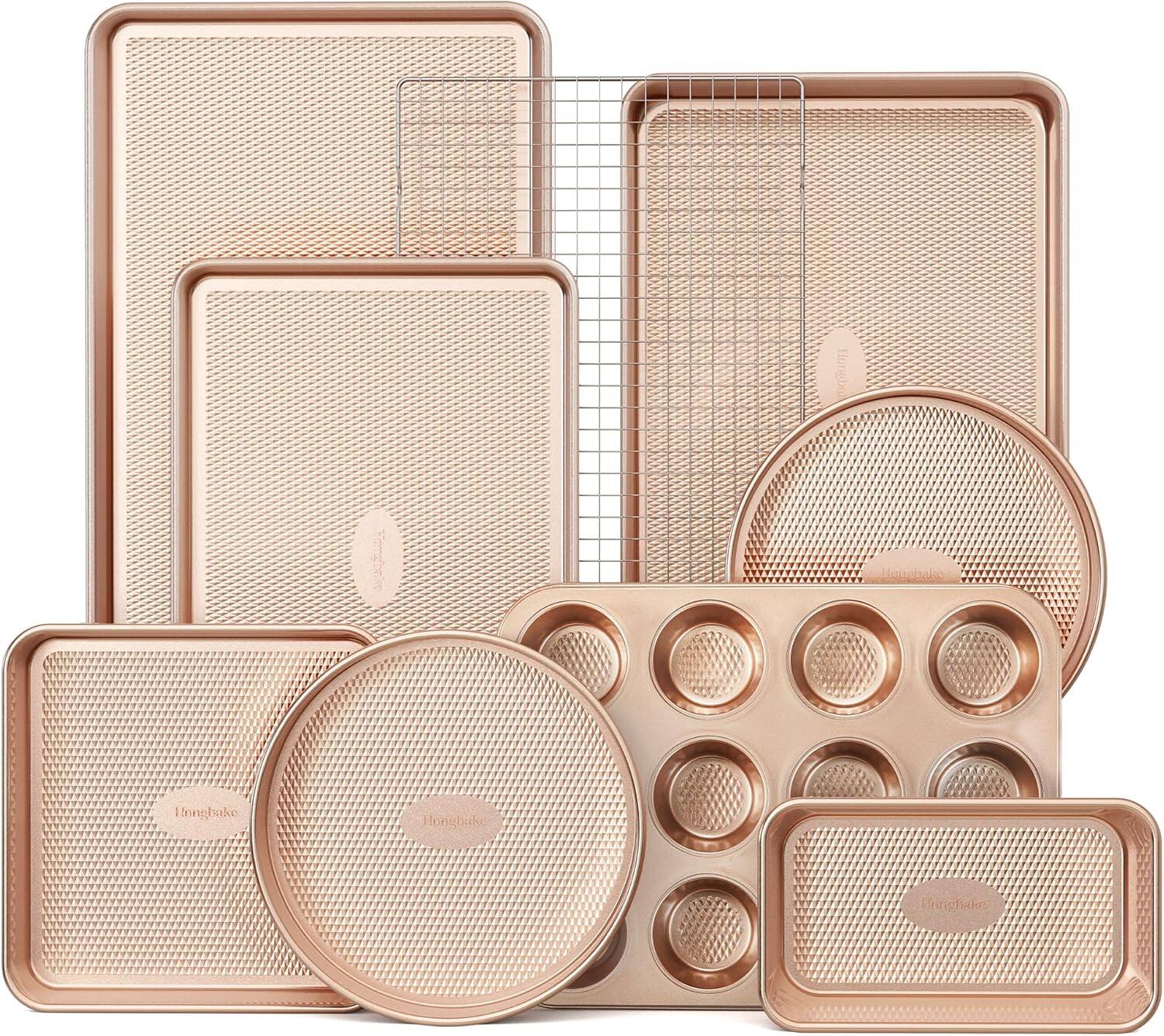 HONGBAKE - 9-Piece Baking Pans Set Nonstick, Stackable Non Toxic Bakeware Sets with Diamond Texture, Oven Pan Set for Cooking, Incl - Gold