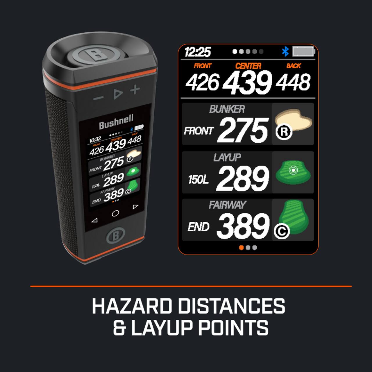 Bushnell  
10:32  
426 439 448  
BUNKER FRONT 275  
LAYUP 289  
FAIRWAY END 389  

12:25  
FRONT 426 CENTER 439 BACK 448  
BUNKER FRONT 275  
LAYUP 150L 289  
FAIRWAY END 389  

HAZARD DISTANCES & LAYUP POINTS