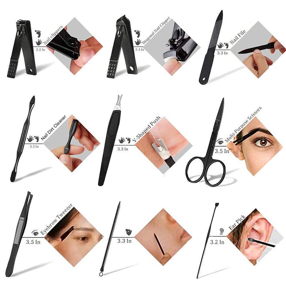 - Nail Clippers: 2.2 in
- Diagonal Nail Clipper: 2.41 in
- Nail File: 3.3 in
- Nail Dirt Cleaner: 3.3 in
- V-Shaped Push: 3.3 in
- Multi-Purpose Scissors: 3.5 in
- Eyebrow Tweezer: 3.5 in
- Ear Pick: 3.2 in