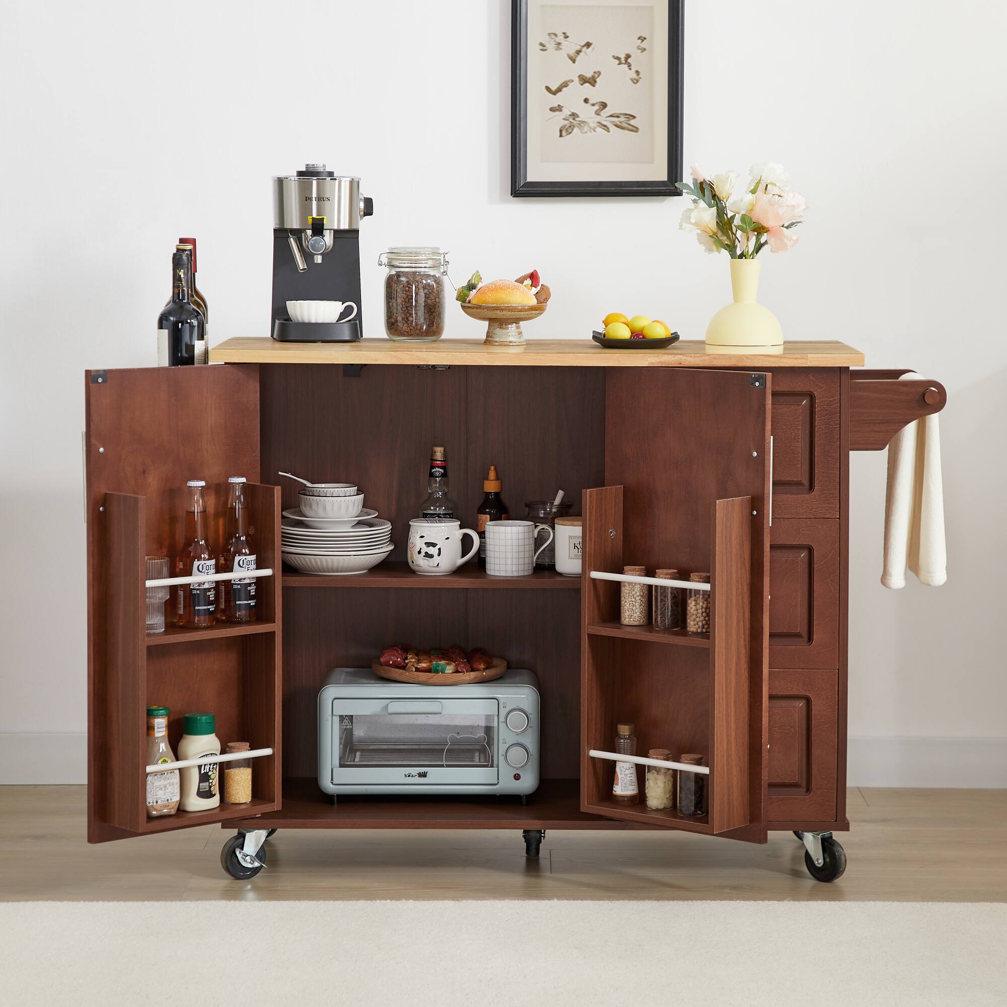Front. ELEMENT ACE - Versatile Mobile Kitchen Island Cart with Drop Leaf Countertop, Storage Cabinet, and Towel Rack for Compact Spaces - Brown.