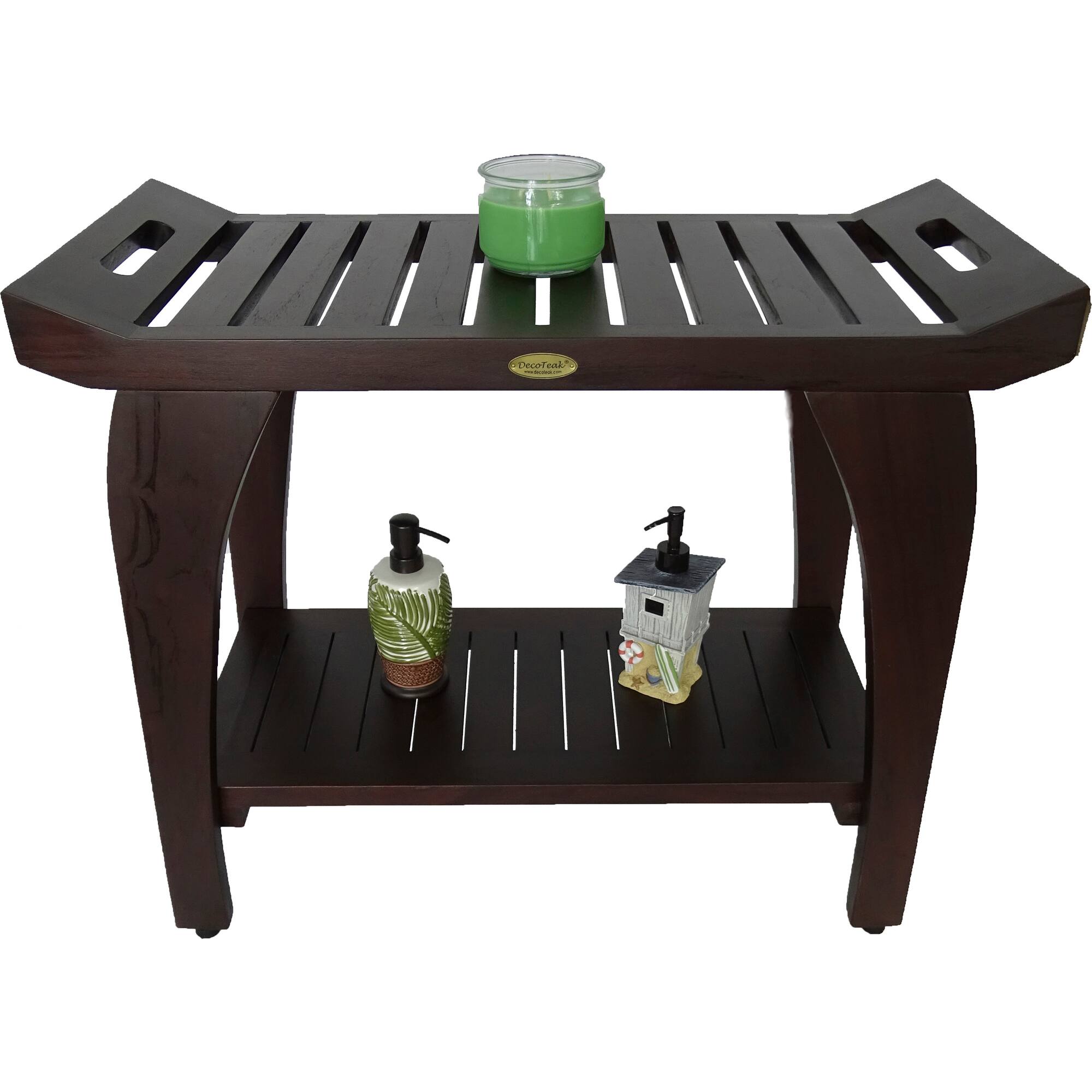 Alt View 1. DecoTeak - DecoTeak Tranquility 30"L Teak Wood Shower Bench with Shelf and LiftAide Arms in Woodland Brown Finish - Extended Height - Woodland Brown.