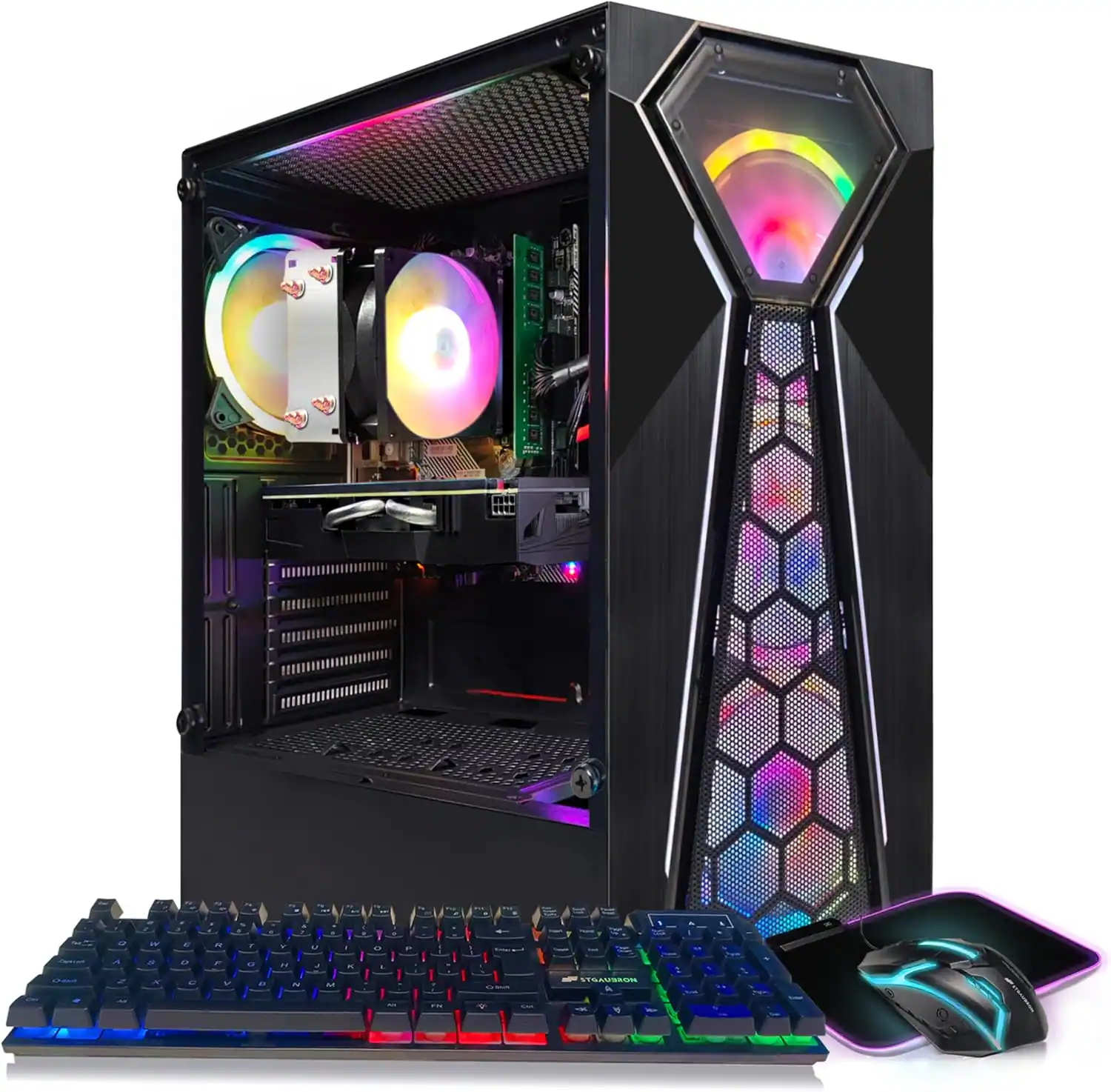Front. STGAubron - STGAubron Prebuilt Gaming PC, Radeon RX 580 8G GDDR5, AMD Athlon 3000G 3.5Ghz, 16G DDR4 RAM, 512G SSD, Windows 11 Home - Black.