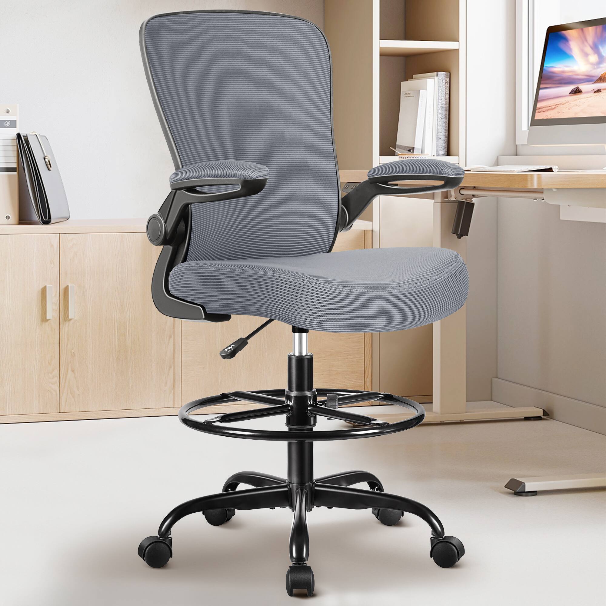 Alt View 3. KERDOM - High Back Drafting Chair Ergonomic Tall Office Chair With Lumbar Support Breathable Mesh Painting Chair, Flip-up Armrest - Dark Grey.