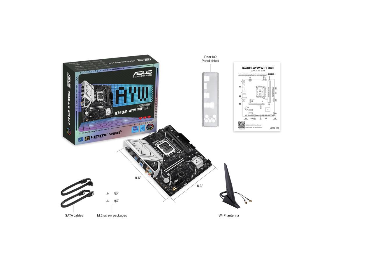 - WS - Rear I/O Panel shield A5 AV-WO9LE WD4 L 31 333222 ASUS HAEM - KCRL . BVL I PILO AYW! CETUOWORE D4 Il i B76OM-AYW WIFI | >> INE M2R WIFIE 2 HoM Al 90D WYA-MOAtS WIFI D4 I aa E. - - - - - - NARUE * + . + a . - ALI 9.6 8.3" SATA cables M.2 screw packages Wi-Fi antenna