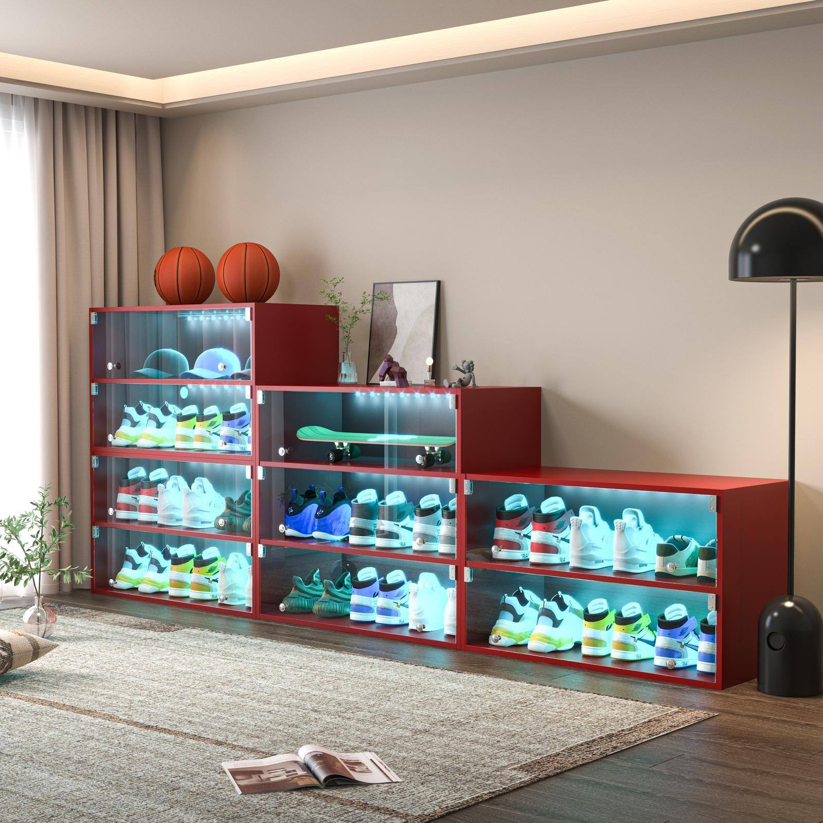 Alt View 1. Spaco - Spaco 2 Layers Glass Door Shoe Box Shoe Storage Cabinet For Sneakers With RGB Led Light - Red.