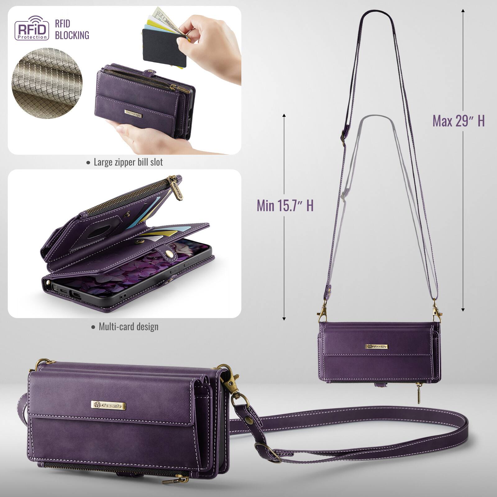 RFID Protection  
RFID BLOCKING  

- Large zipper bill slot  
- Multi-card design  

Max 29" H  
Min 15.7" H
