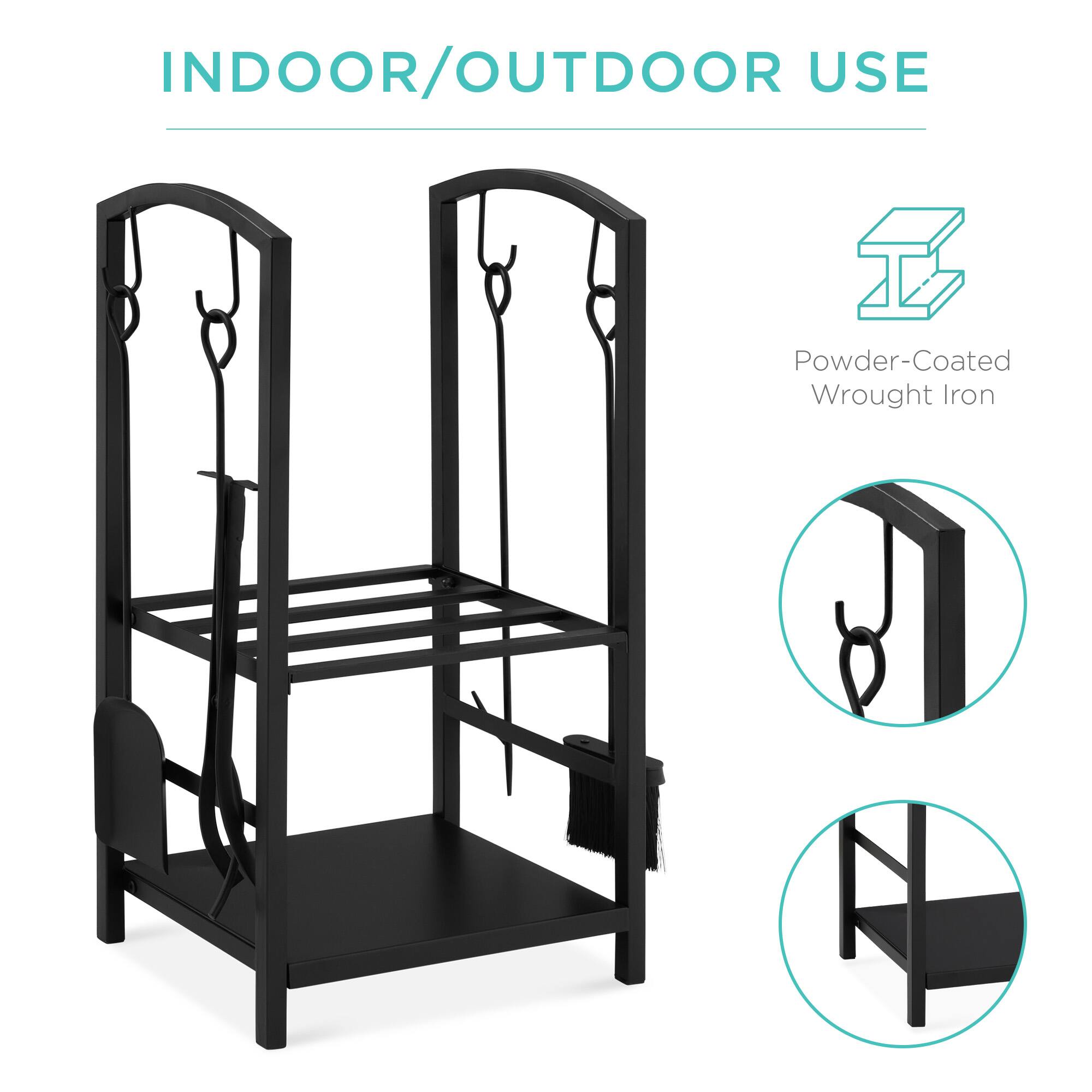The text on the image can be grouped and corrected as follows:

**INDOOR/OUTDOOR USE**

Powder-Coated Wrought Iron