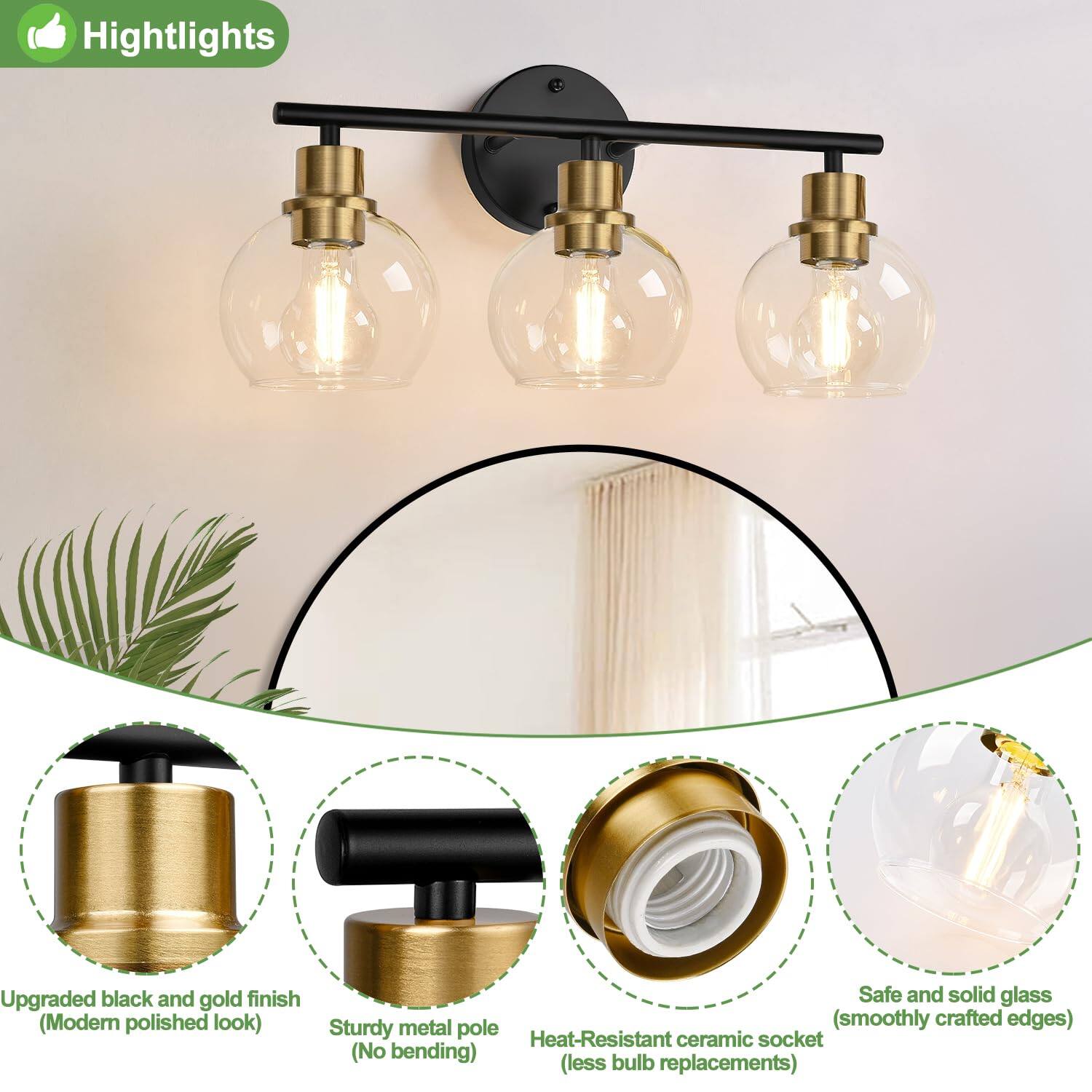 - Upgraded black and gold finish (Modern polished look)
- Sturdy metal pole (No bending)
- Heat-Resistant ceramic socket (less bulb replacements)
- Safe and solid glass (smoothly crafted edges)