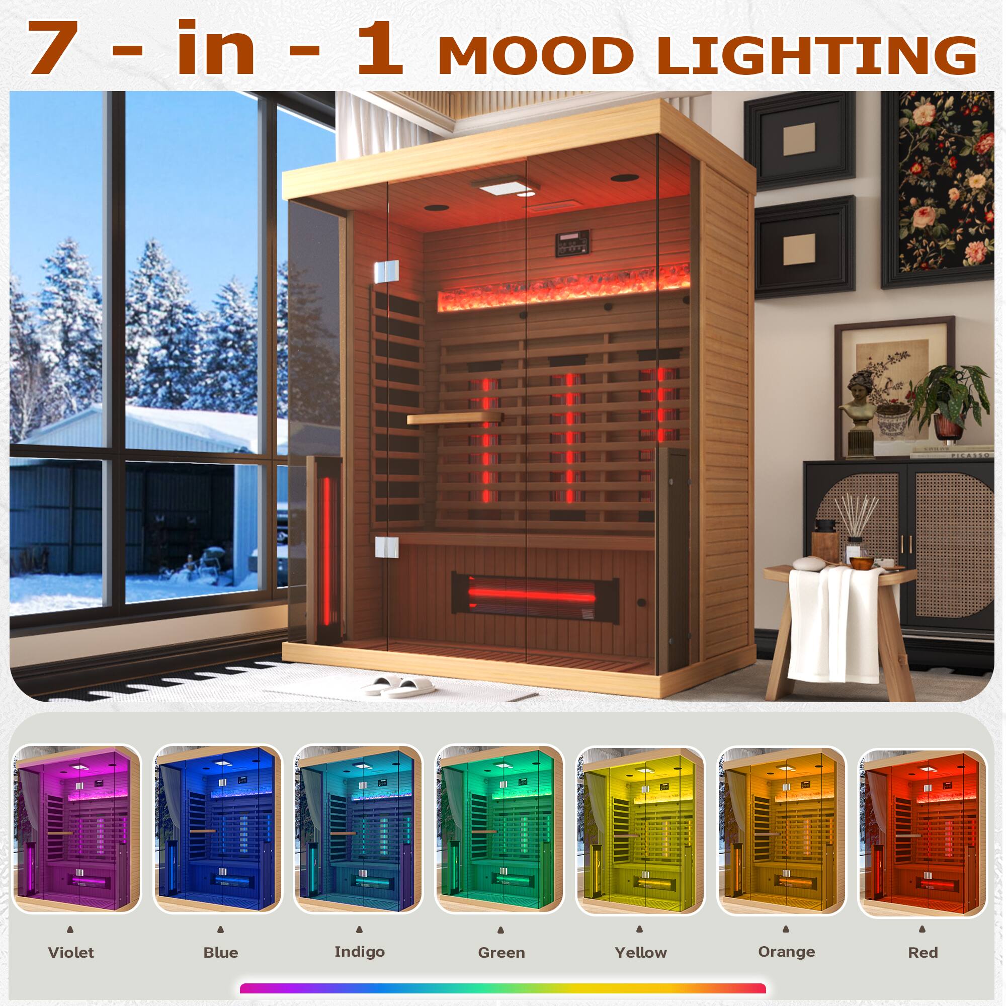 7-in-1 MOOD LIGHTING

Violet Blue Indigo Green Yellow Orange Red