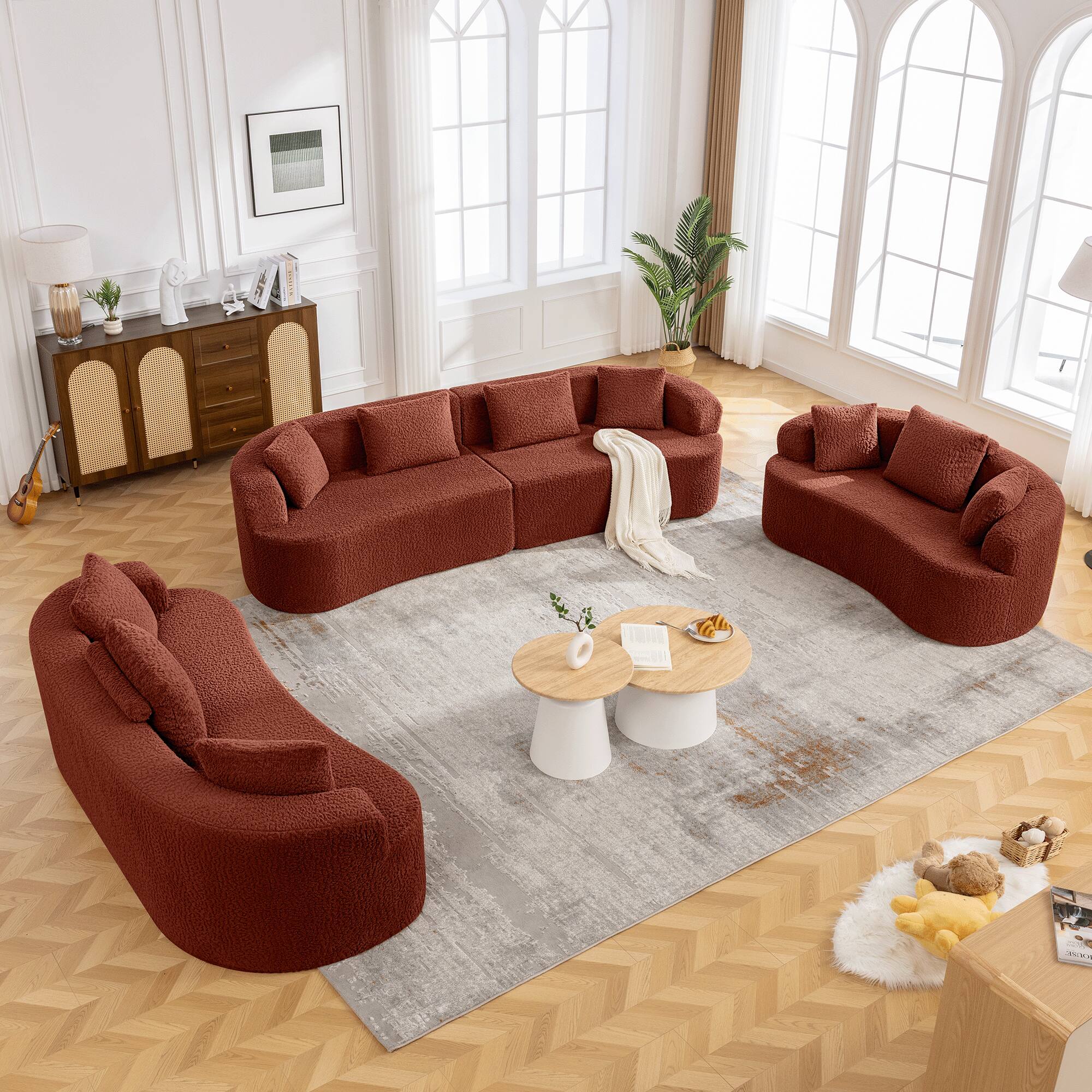 Alt View 7. KERDOM - 112" Corduroy Curved Sectionals Sofa with 4 Pillows, Teddy Plush Floor Couch for Living Room and Apartment, No Install - Red.