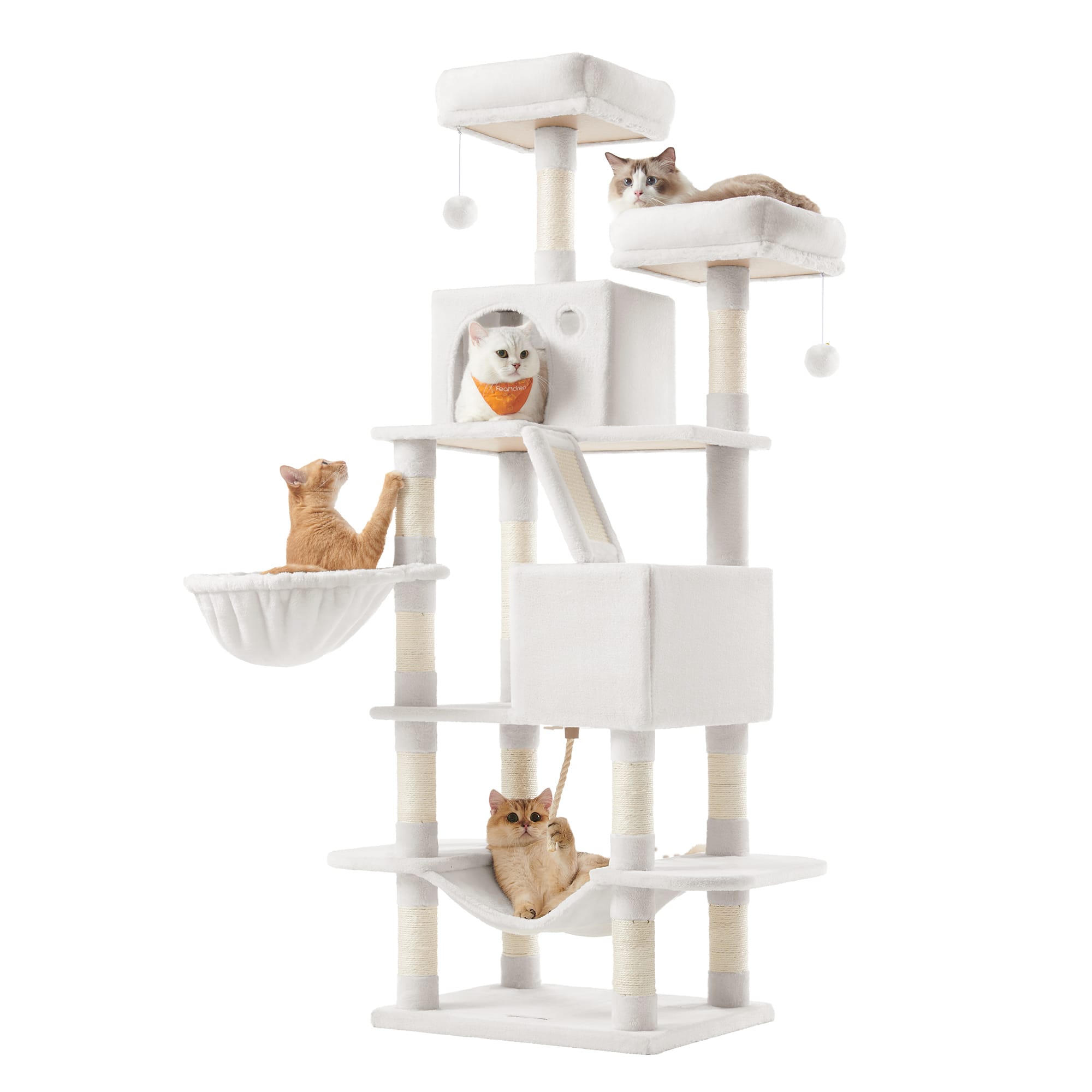 Songmics Home - Cat Tree, 65.0-Inch Large Cat Tower, Multi-Level Plush Condo with 13 Scratching Posts, 2 Perches, 2 Caves, Basket - Cream White