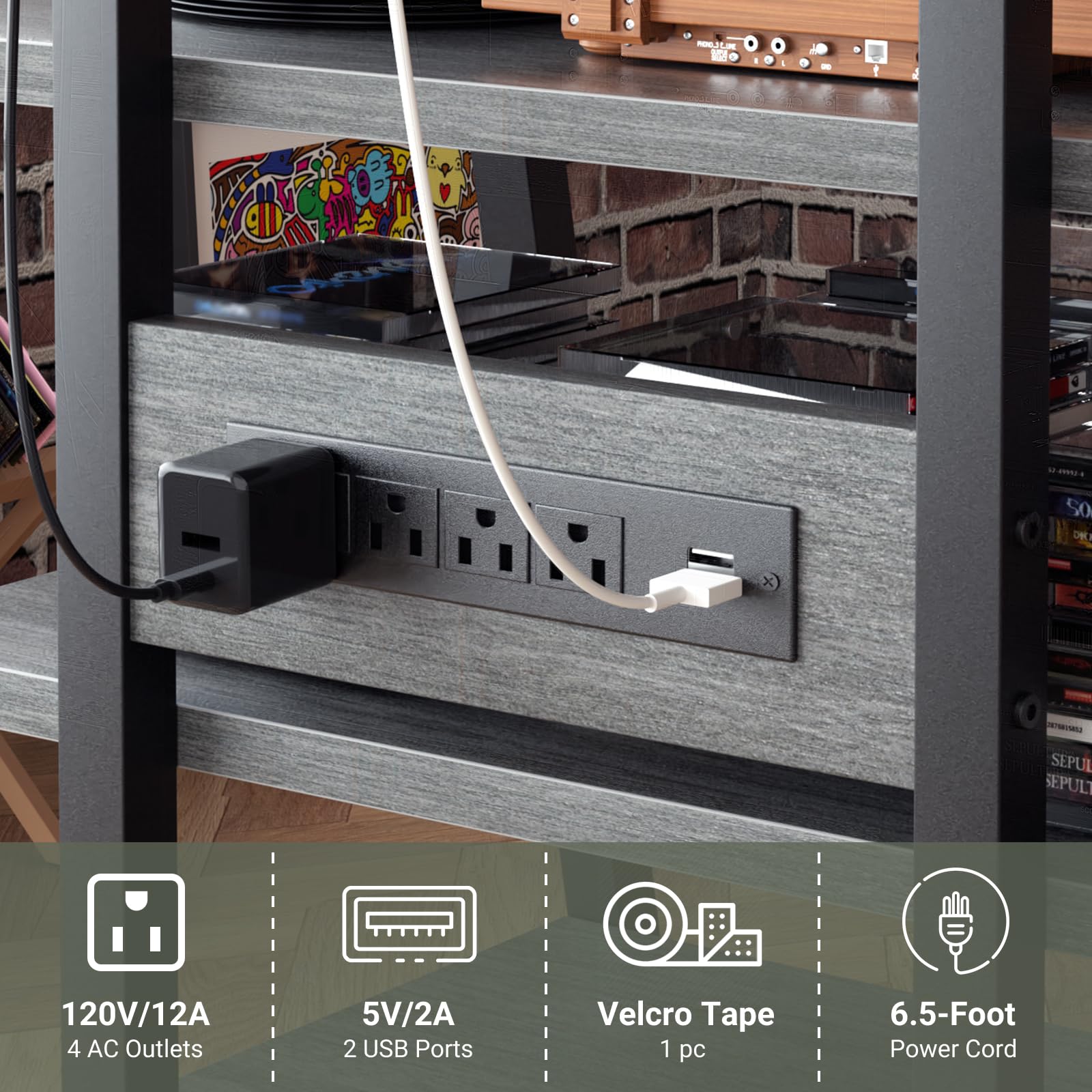 - A - V 1214 x S0 OI D 00 Sete SEPULI 120V/12A 4 AC Outlets 5V/2A 2 USB Ports Velcro Tape 1 pc 6.5-Foot Power Cord