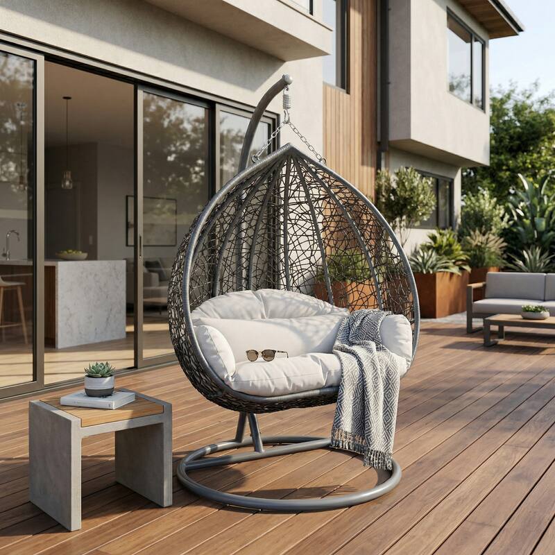Left. LeisureMod - Recluse Teardrop Grey Wicker Hanging Egg Chair - Modern Indoor Outdoor Swing with Stand & Quick-Dry Cushion - Arctic White.