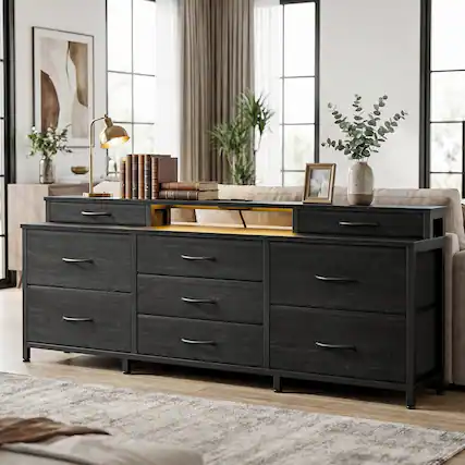 Front. Furologee - Modern Dressers for Bedroom Wide Chest with 9 Fabric Drawers for Living Room - Black.