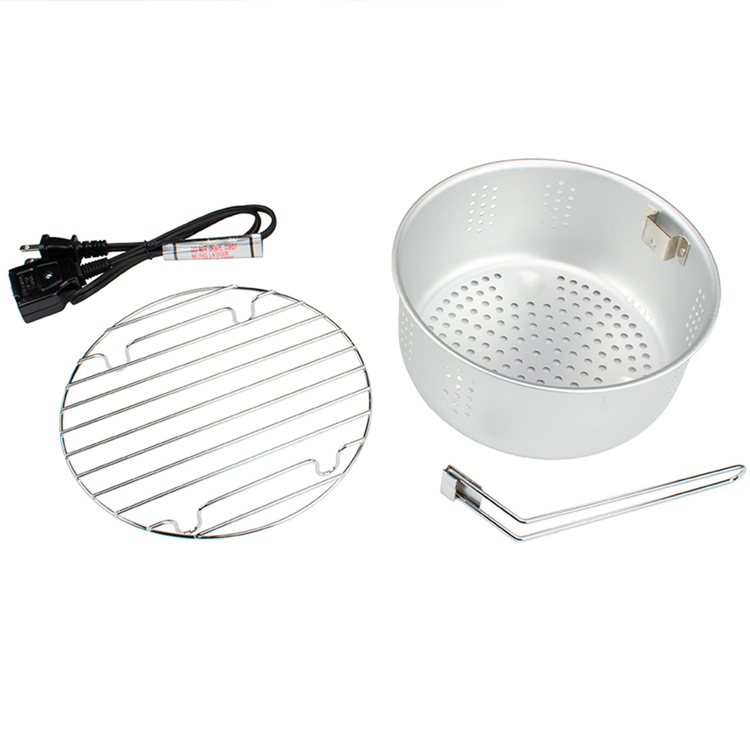 The image shows a silver pot and a black cord, along with a wire rack and a strainer. The pot is placed next to the wire rack, and the strainer is positioned nearby. The black cord is also present in the scene, likely for connecting the pot to an electrical source.
