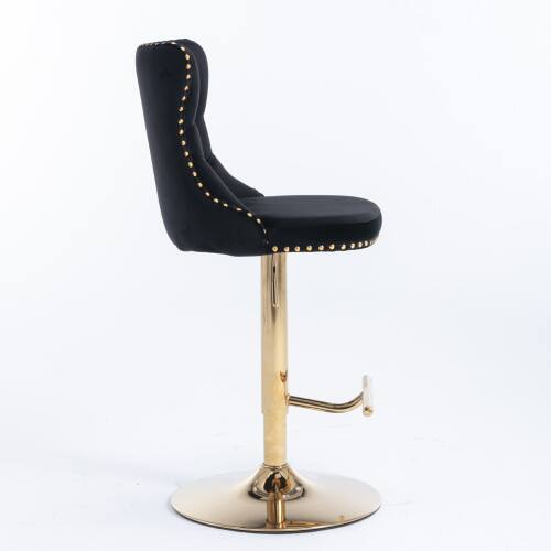Alt View 1. LUCKY ONE - Assembled Adjustable Height Swivel Bar Stool Set of 2 Velvet Tufted with Golden Metal Base - Black.