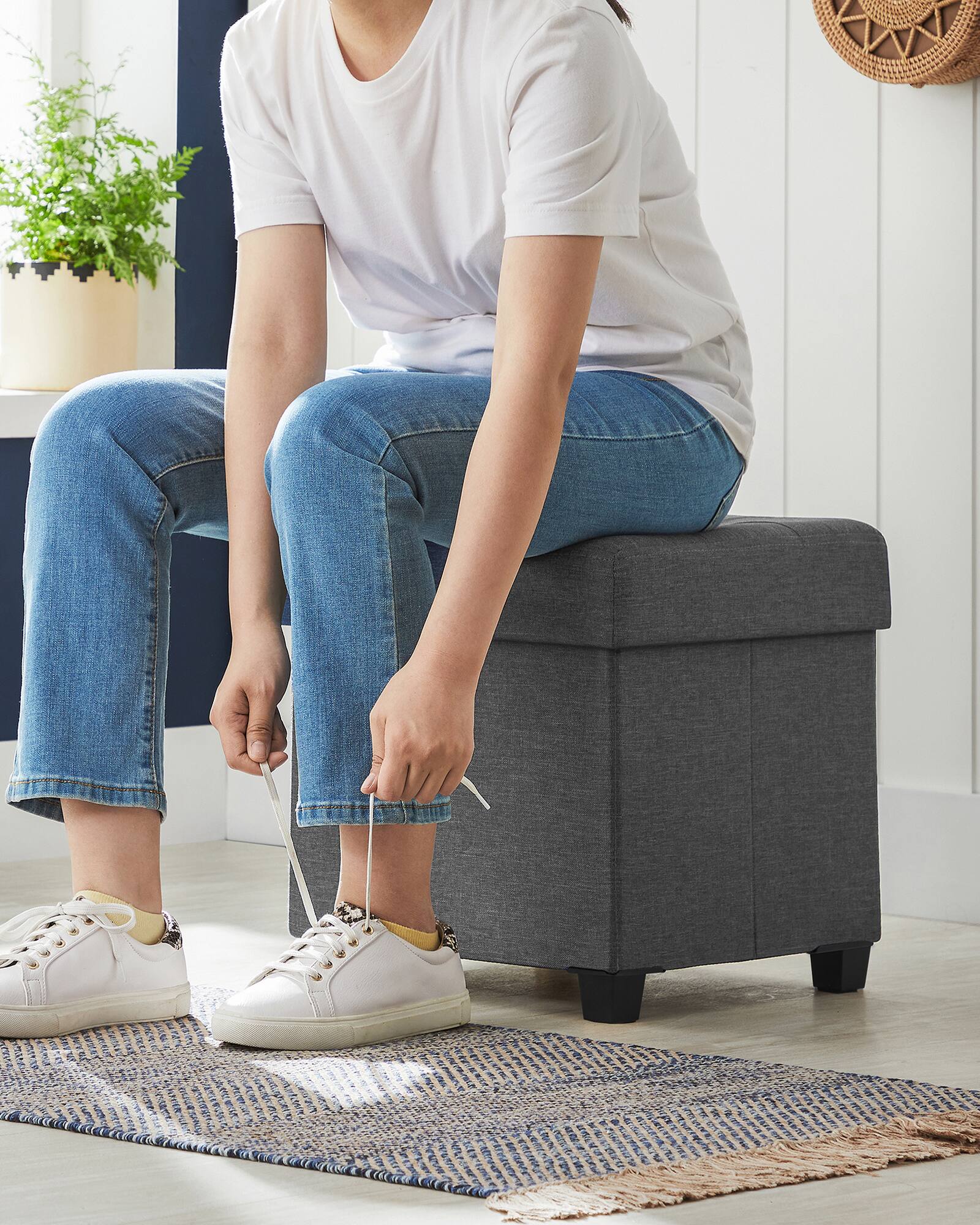 Back. Songmics Home - Storage Ottoman, Bedroom Bench with Storage, Foot Stool, 15 x 15 x 15.7 Inches - Slate Gray.