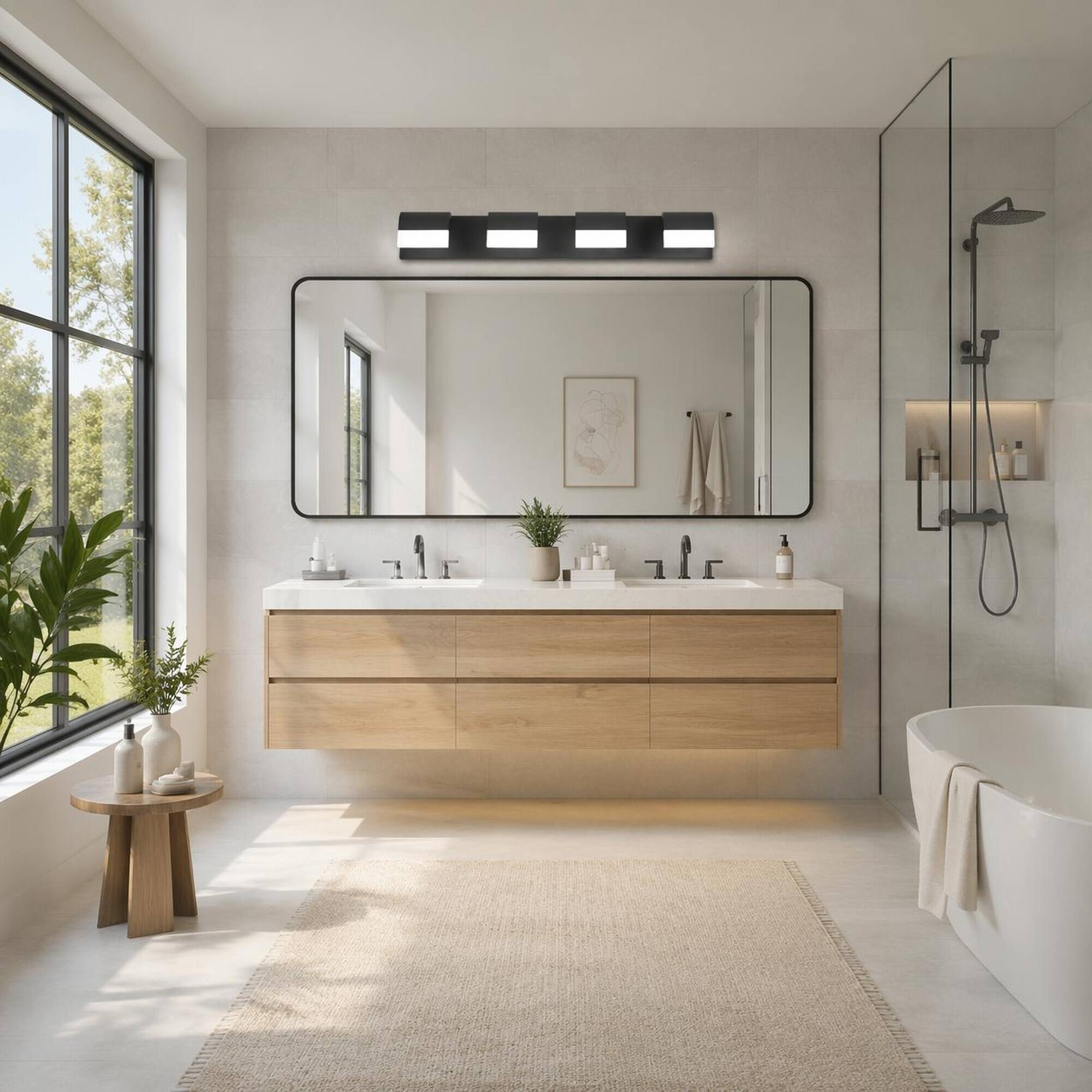 Left. RYHNUYNE - 4‑Light Black LED Bathroom Vanity Light,Modern Wall Mount Vanity Mirror Light for Bathroom - Black.