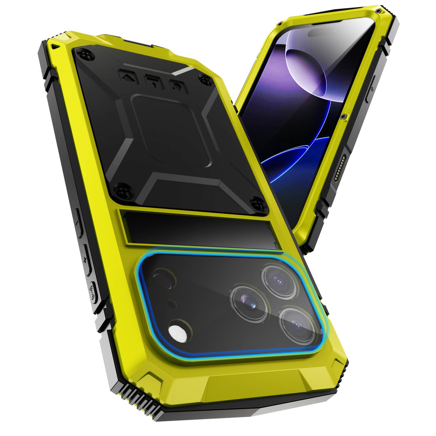 Angle. Dteck - For iPhone 17 Pro Max Case Outdoor Sports Kickstand Rugged Heavy Duty Full Body Cover with Built in Screen Protector - Yellow.