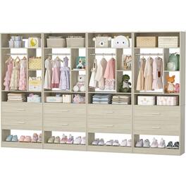 Aheaplus - 96" Walk-in Closet Organizer 4pc Set - 8 Wood Drawers, 20+ Shelves, 2 Hanging Rods (96"L x 15"W x 80"H) - White Oak