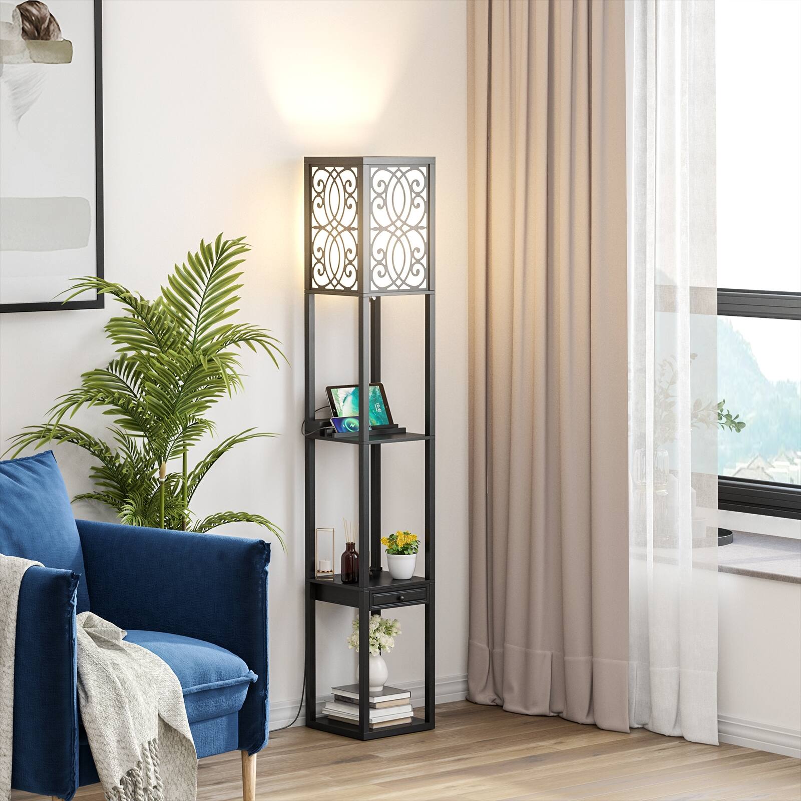 Alt View 1. Ecooso - Shelf Floor Lamp with Outlet and USB Ports, Freestanding Lamp with Charging Station for Bedroom.