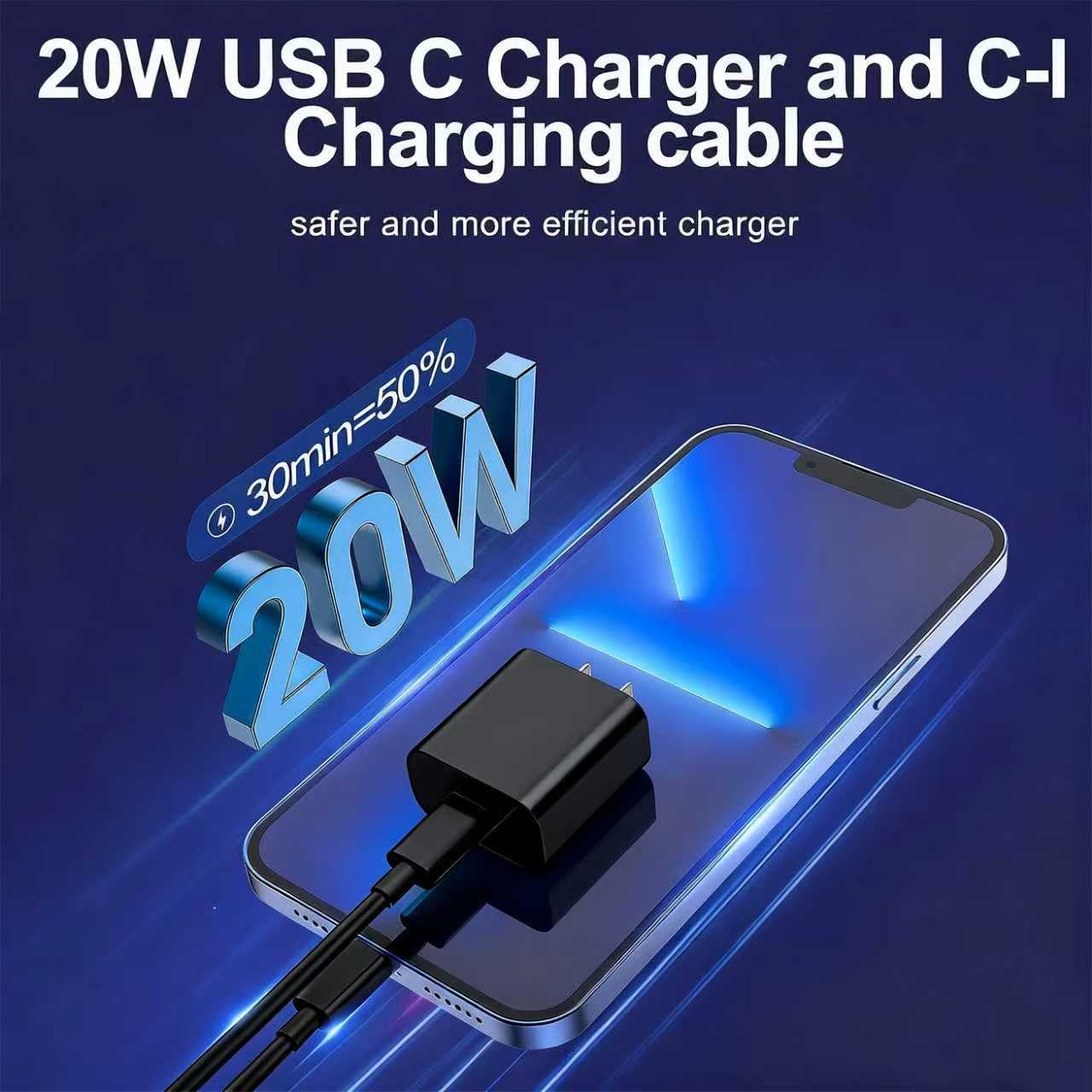 20W USB C Charger and C-I Charging cable  
safer and more efficient charger  
30min=50%