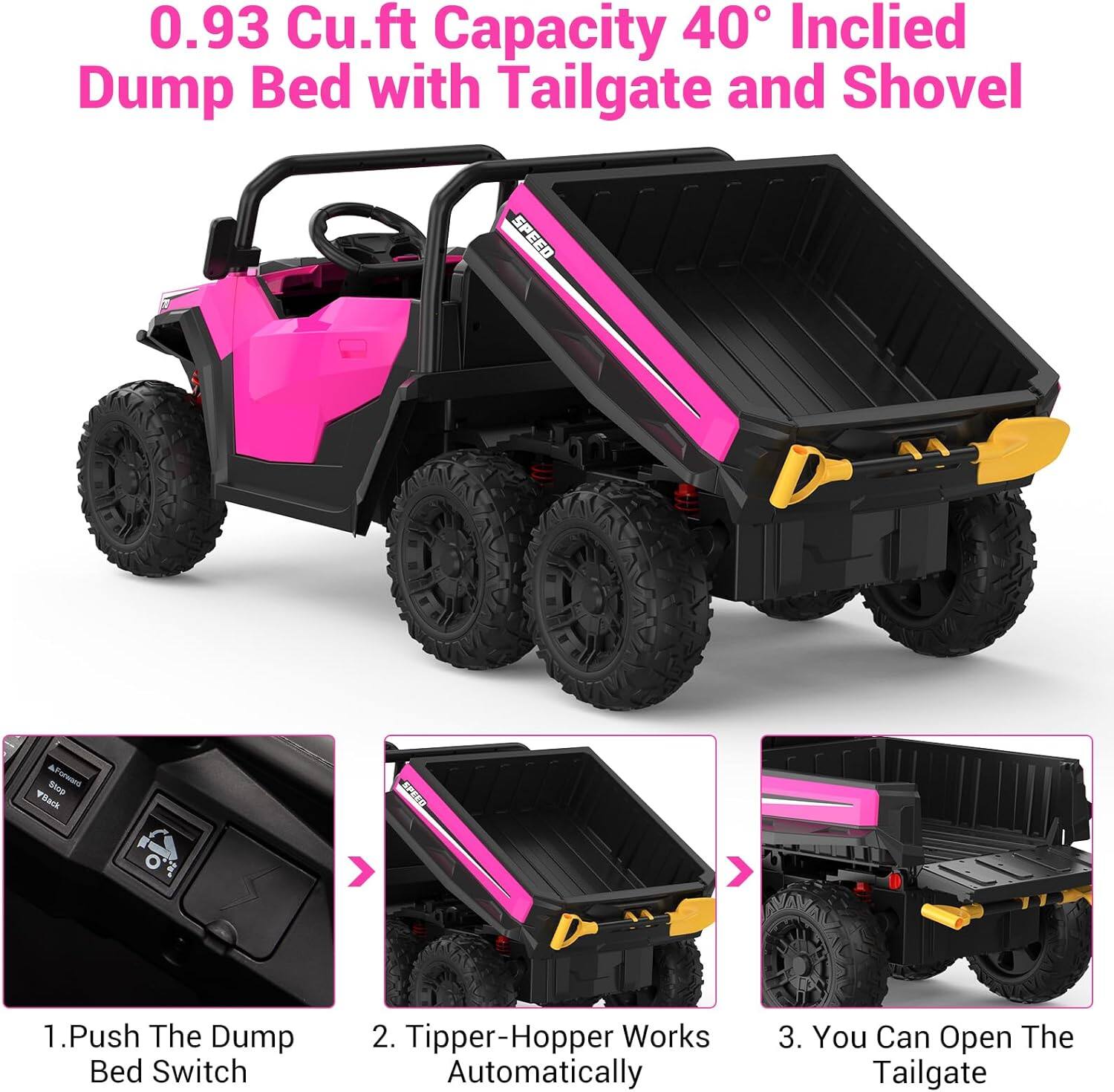 0.93 Cu.ft Capacity 40° Inclined Dump Bed with Tailgate and Shovel

1. Push The Dump Bed Switch
2. Tipper-Hopper Works Automatically
3. You Can Open The Tailgate