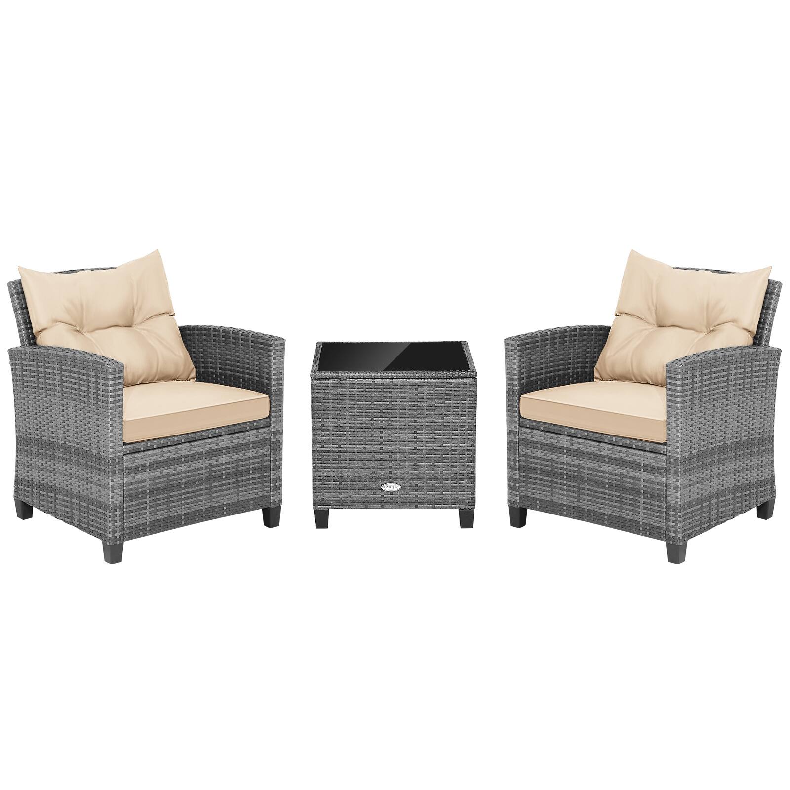 Alt View 9. Gymax - Gymax 3PCS Patio Rattan Furniture Bistro Set Cushioned Sofas Side Table Armrest - Grey.