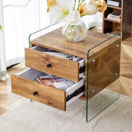 Tiramisubest - Modern Double-Drawer Bedside Table with MDF Top and Tempered Glass Legs - Brown