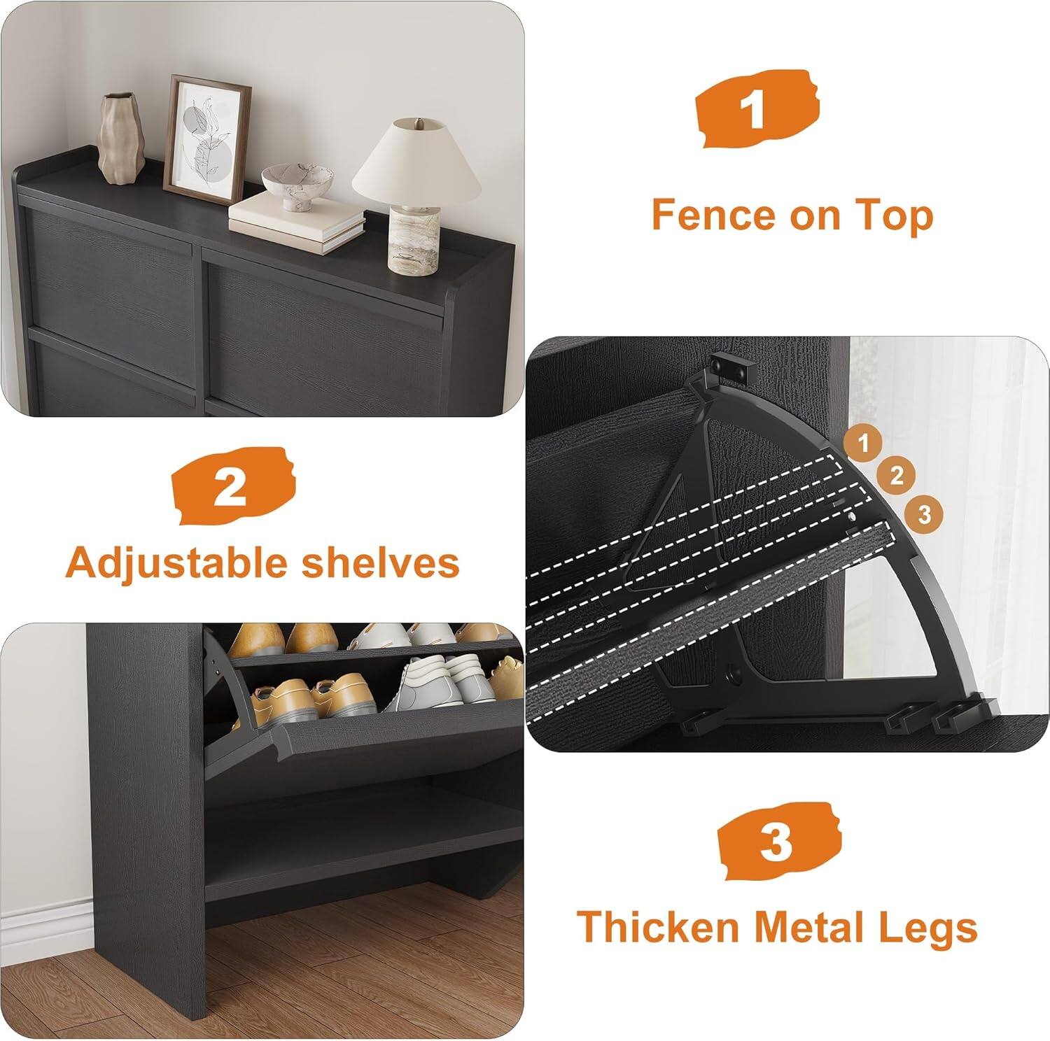 1. Fence on Top  
2. Adjustable shelves  
3. Thicken Metal Legs