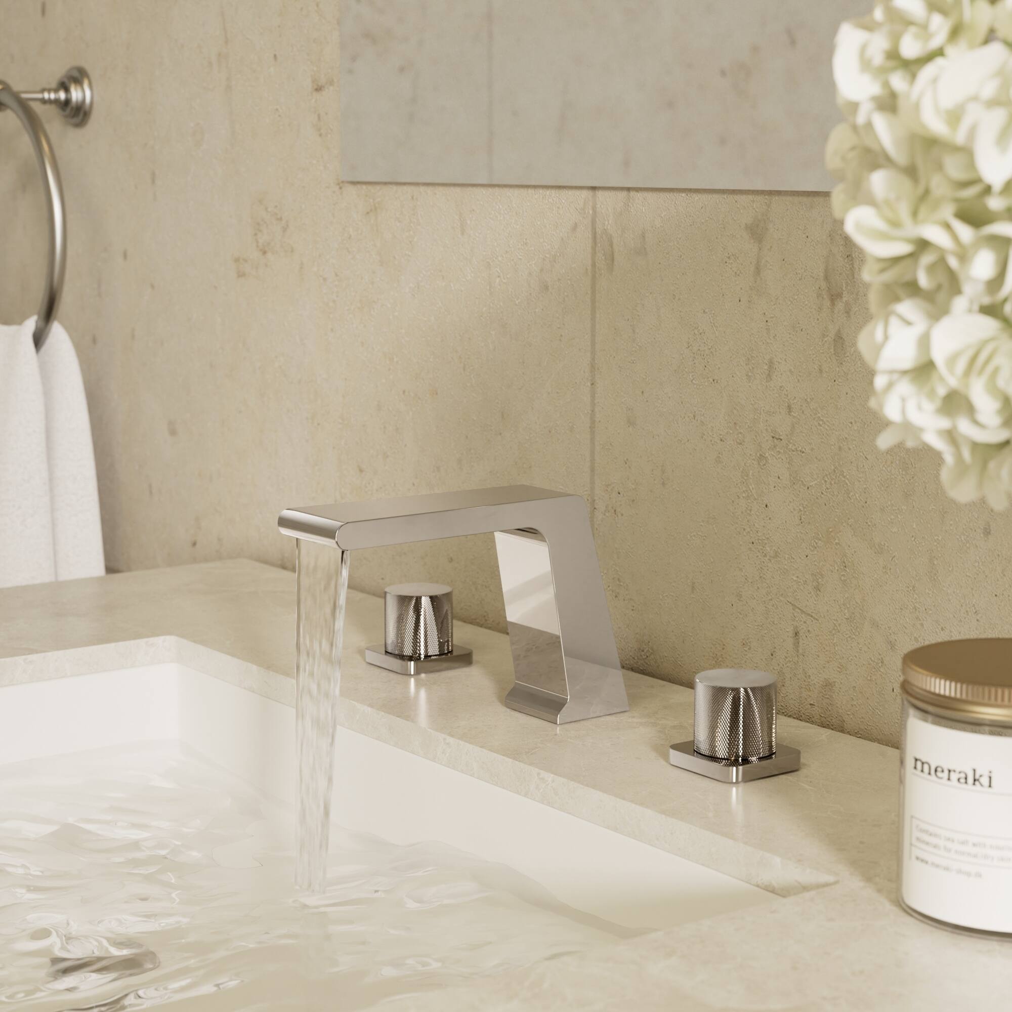 Left. GRANDJOY - 3‑Hole Waterfall Bathroom Sink Faucet with Dual Handles, and Wide Spout for Modern Vanity Spaces - Chrome.