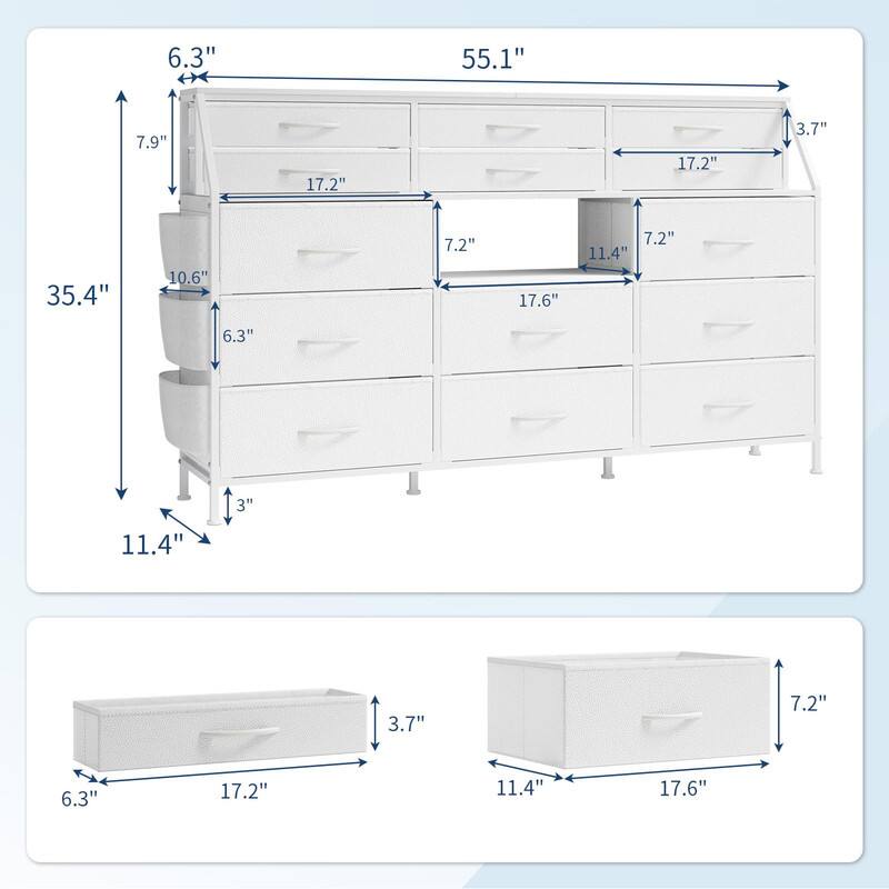 Sure, here is the corrected and grouped text from the image:

- **Main Dresser Dimensions:**
  - Width: 55.1"
  - Height: 35.4"
  - Depth: 11.4"
  - Drawer Heights: 6.3", 10.6", 6.3", 3"
  - Drawer Widths: 17.2", 17.2", 17.2", 17.2"
  - Drawer Depths: 17.6", 17.6", 17.6", 17.6"
  - Side Cabinet Width: 7.9"
  - Side Cabinet Depth: 3.7"
  - Side Cabinet Height: 7.2", 11.4", 7.2", 11.4"

- **Storage Box Dimensions:**
  - Width: 17.2"
  - Depth: 11.4"
  - Height: 7.2"
  - Top Box Height: 3.7"
  - Bottom Box Height: 3.7"